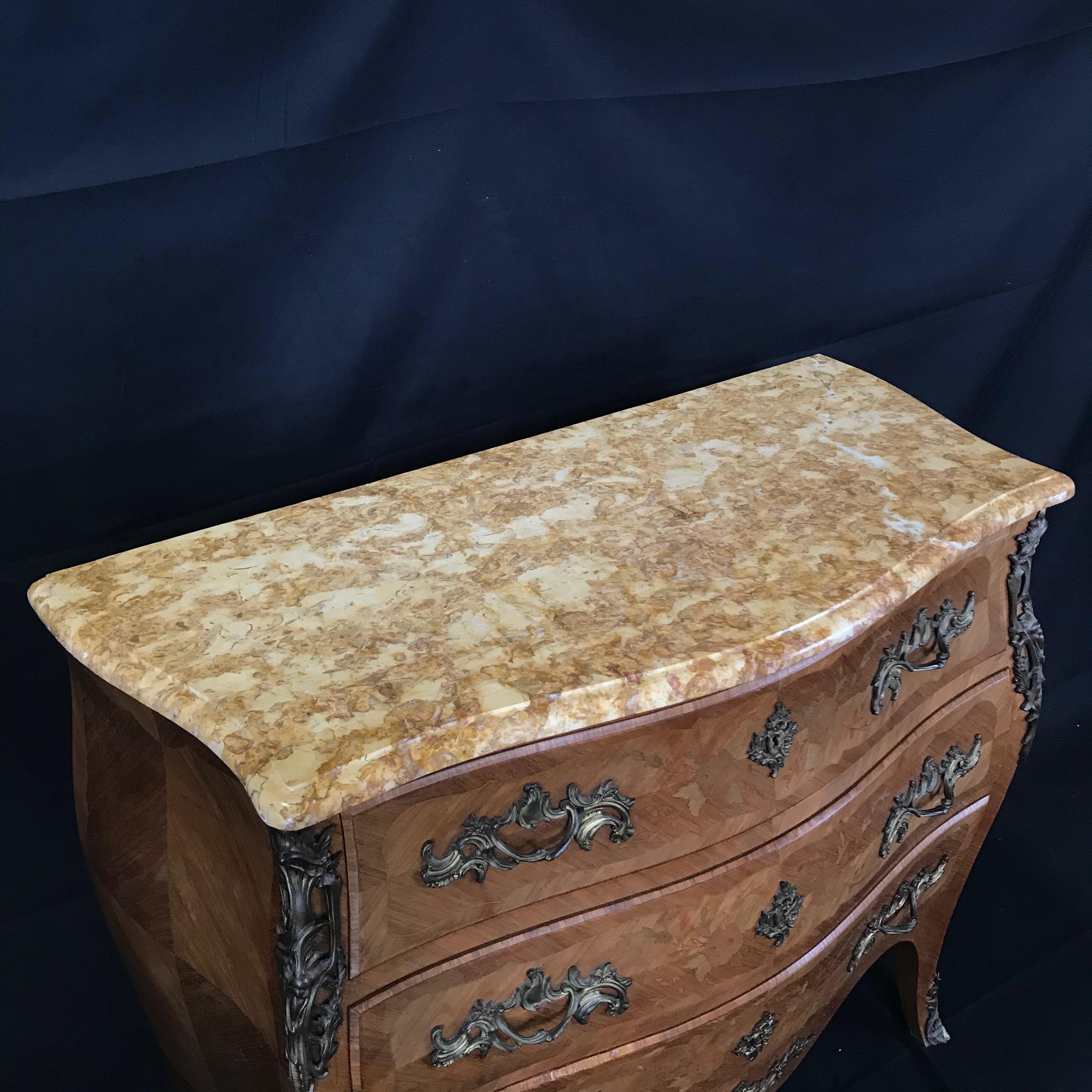 French Louis XV Marquetry 19th Century Walnut Commode with Marble Top For Sale 9