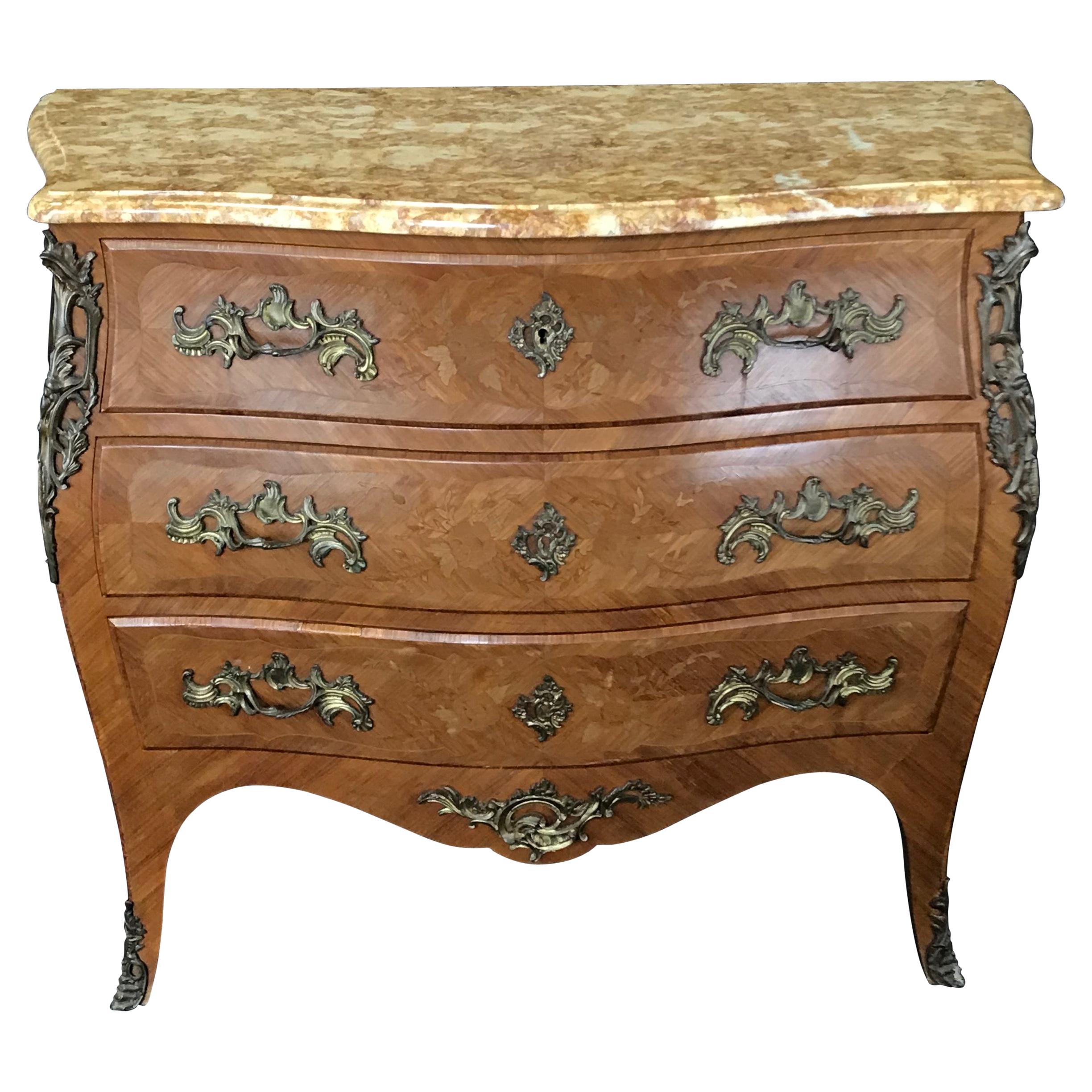 French Louis XV Marquetry 19th Century Walnut Commode with Marble Top For Sale