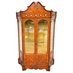 French Louis XV Marquetry Display Cabinet Figural Mounts Porcelain Medallions