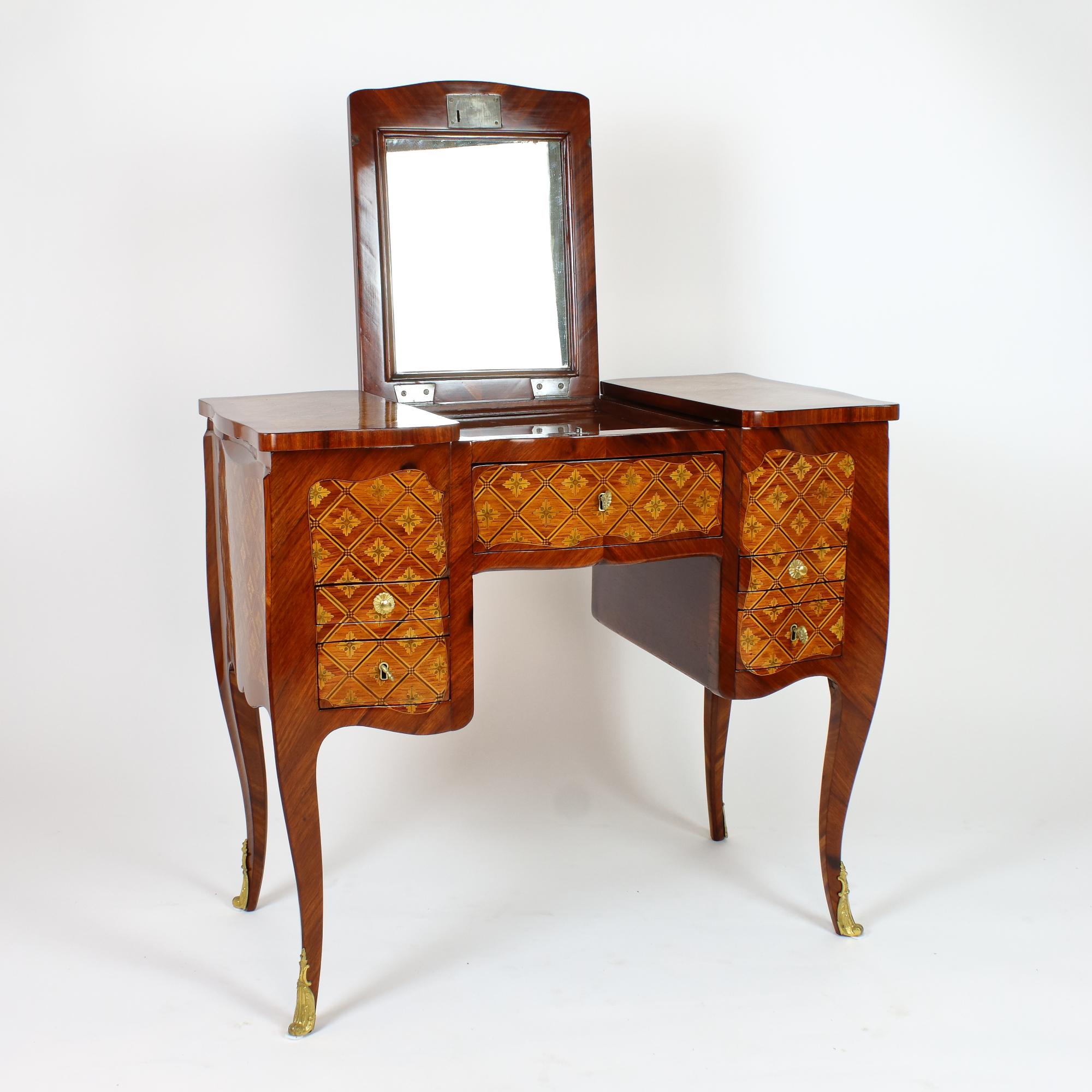 Gilt French Louis XV Marquetry Dressing Table Perruquiere, Manner of Pierre Roussel