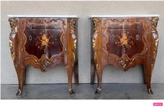 French Louis XV Marquetry Marble-Top Nightstand or Side Tables