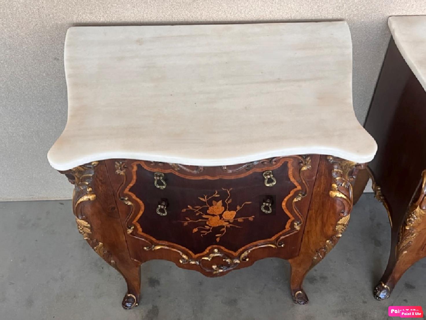 French Louis XV Marquetry Marble-Top Nightstand or Side Tables In Good Condition For Sale In Miami, FL