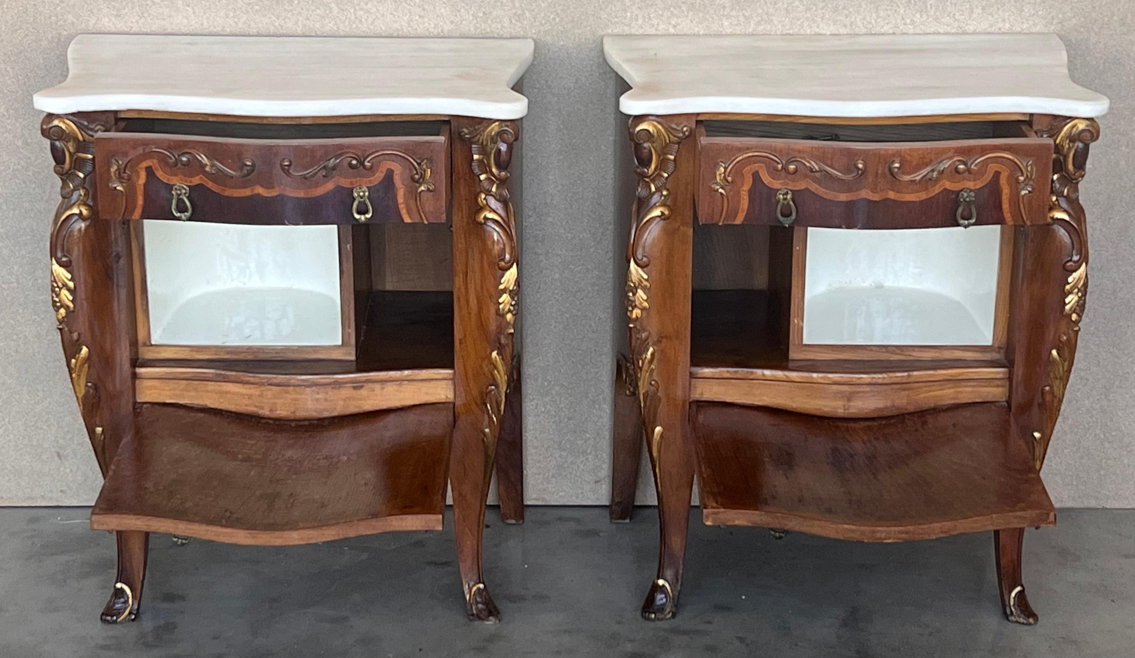 20th Century French Louis XV Marquetry Marble-Top Nightstand or Side Tables For Sale