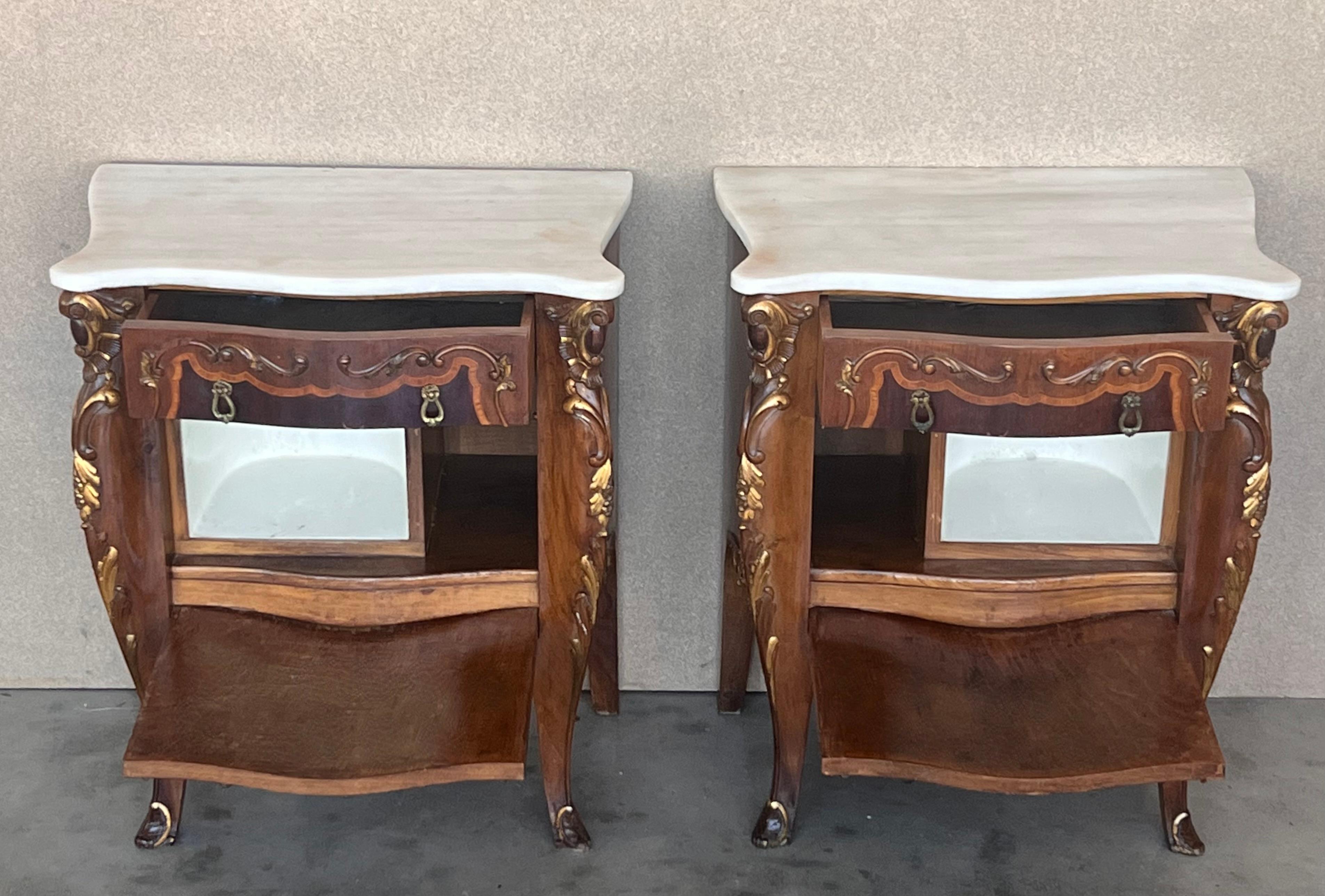 Bronze French Louis XV Marquetry Marble-Top Nightstand or Side Tables For Sale