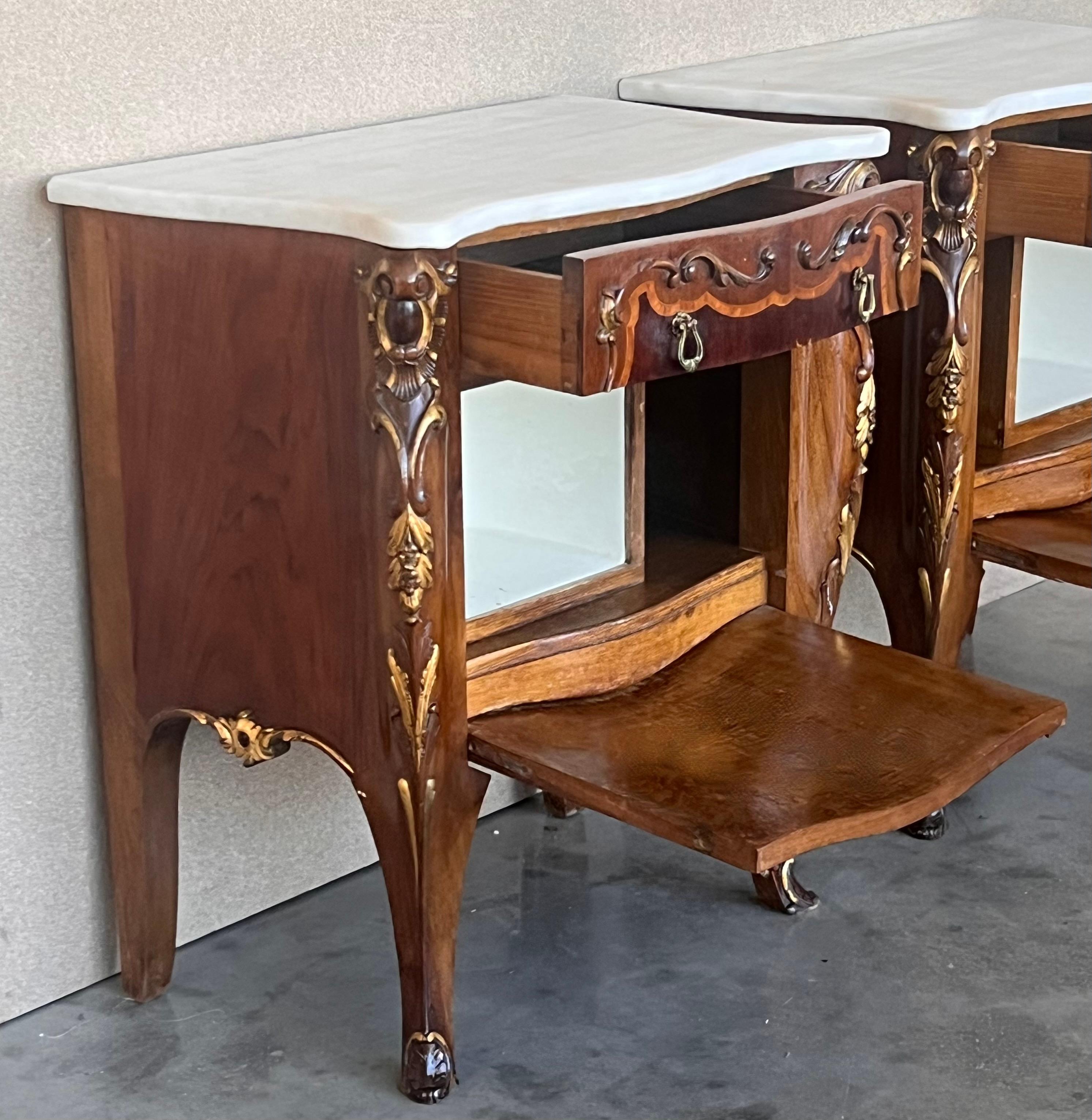 French Louis XV Marquetry Marble-Top Nightstand or Side Tables For Sale 1