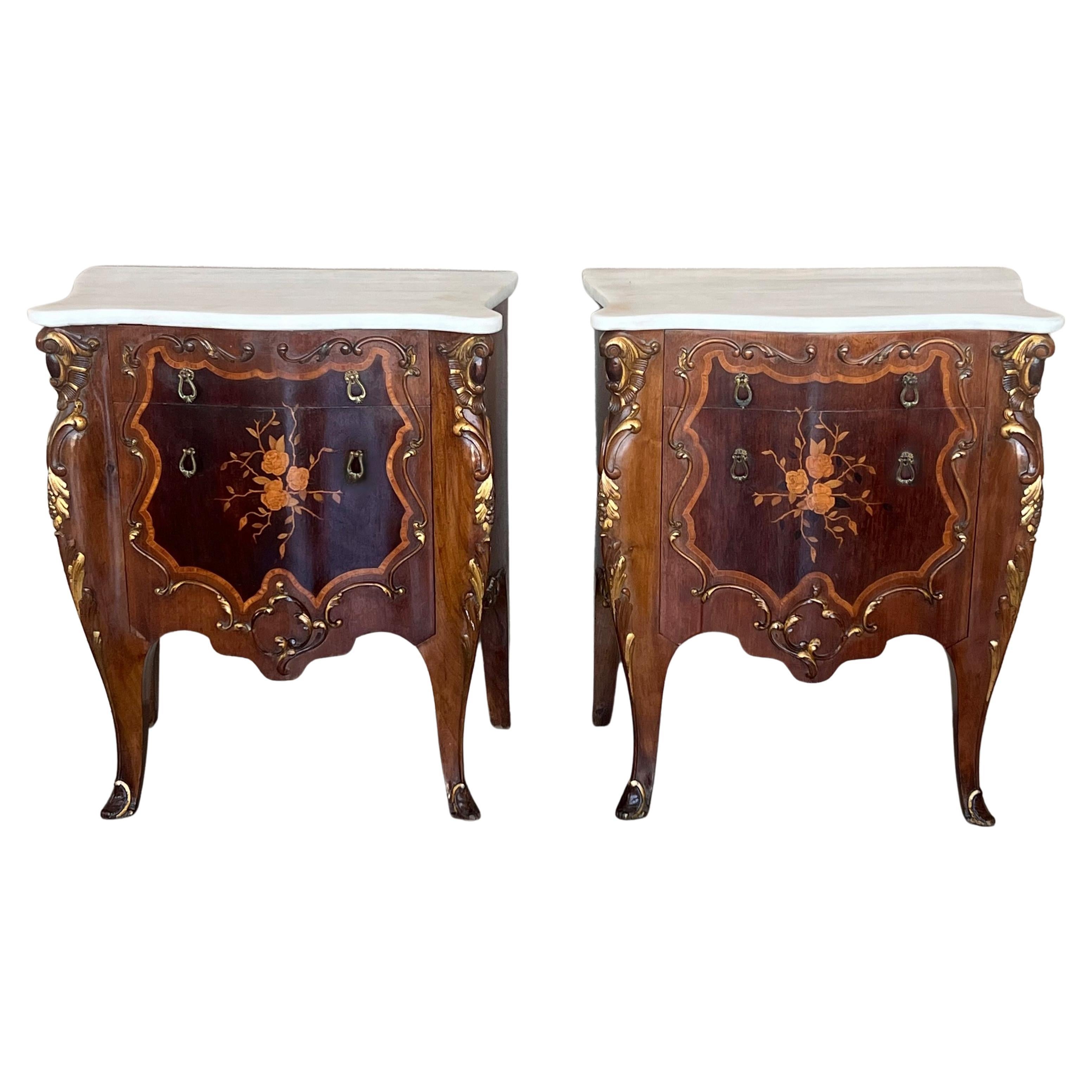 French Louis XV Marquetry Marble-Top Nightstand or Side Tables