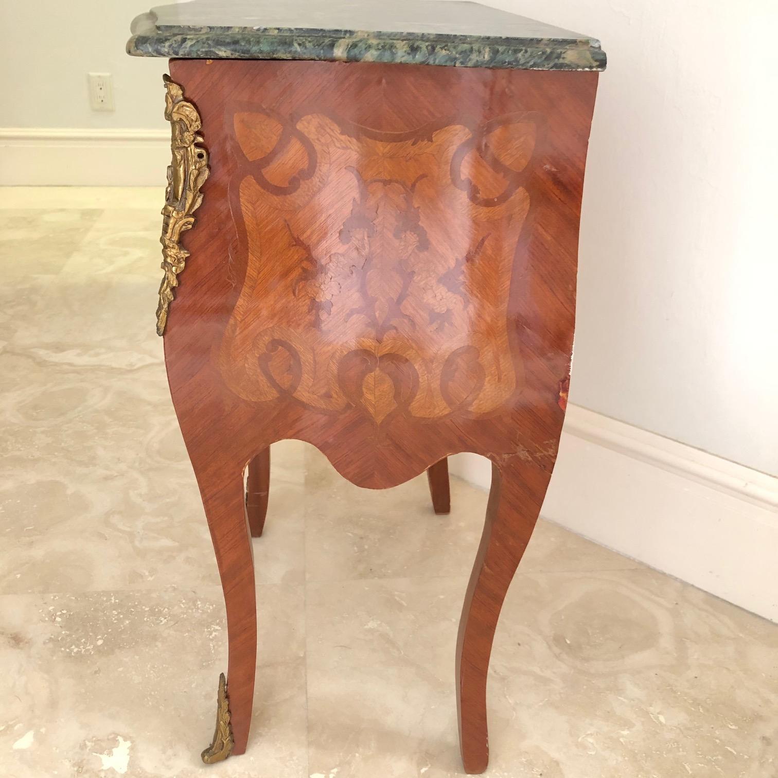 Mid-20th Century French Louis XV Marquetry Nightstand Side Cabinet with Green Marble Top