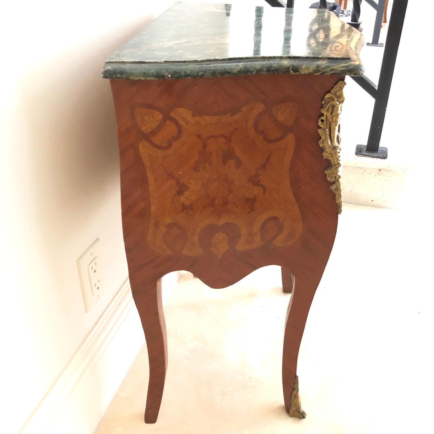 French Louis XV Marquetry Nightstand Side Cabinet with Green Marble Top 2