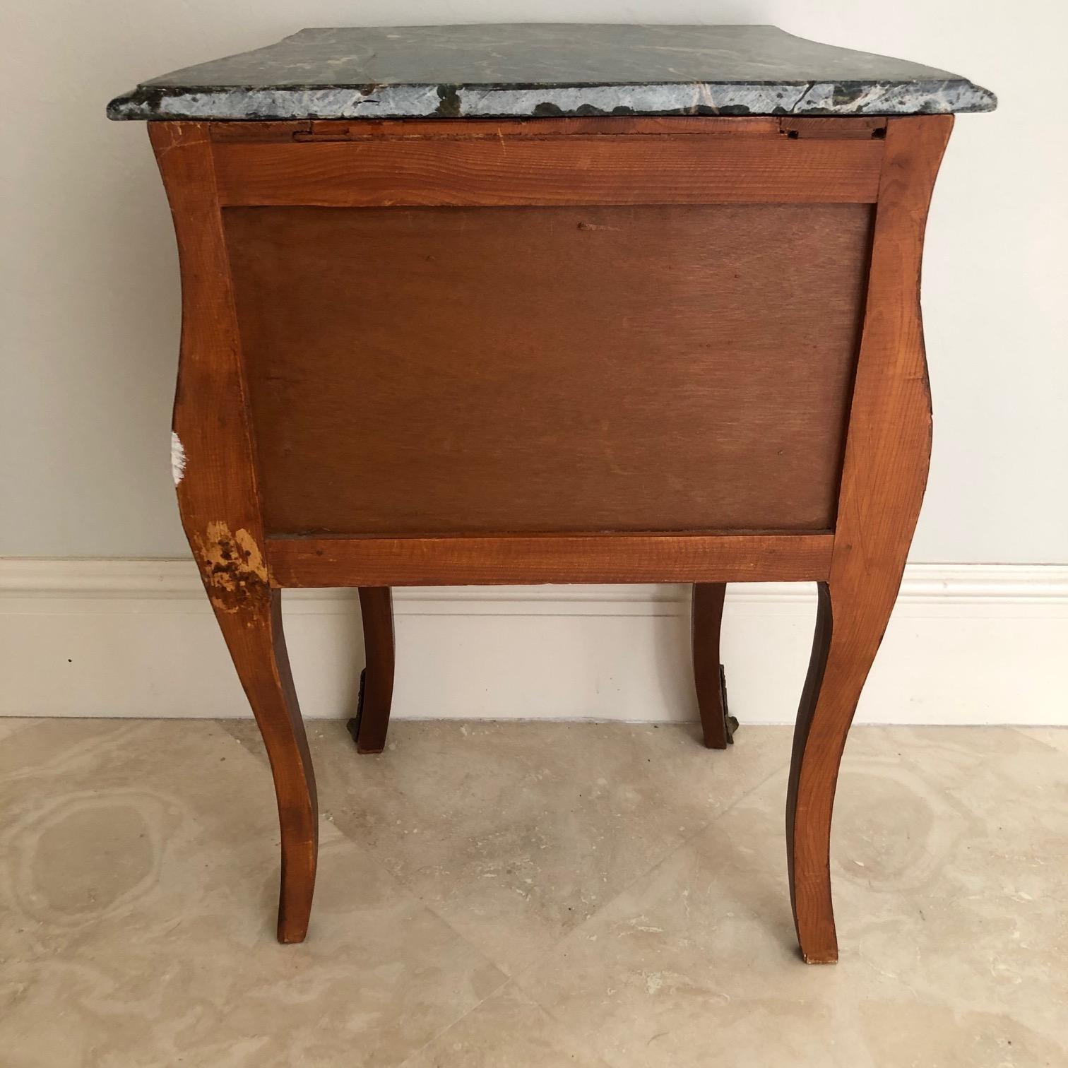 French Louis XV Marquetry Nightstand Side Cabinet with Green Marble Top 3