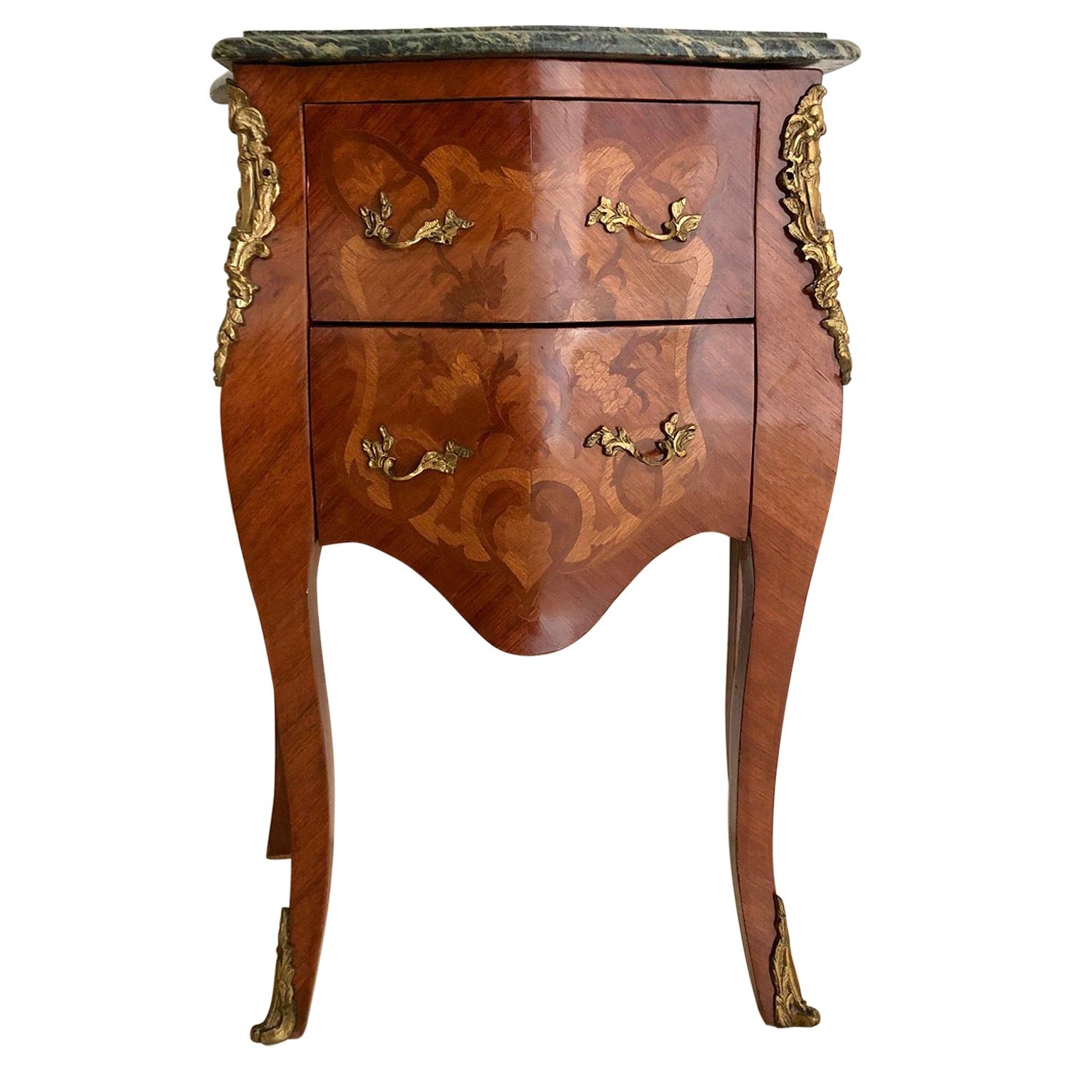 French Louis XV Marquetry Nightstand Side Cabinet with Green Marble Top