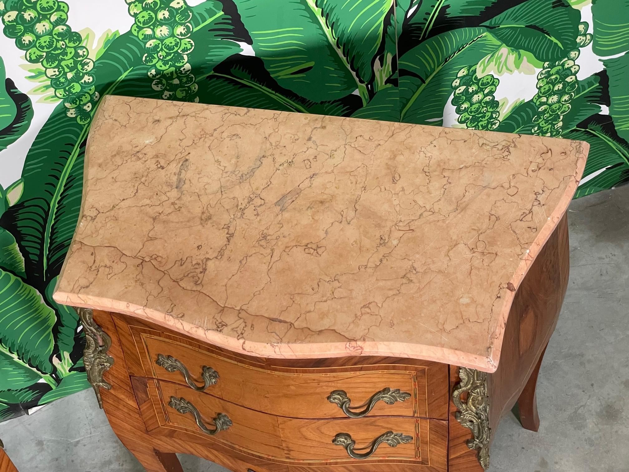 French Louis XV Marquetry Nightstands with Marble Tops, a Pair For Sale 8