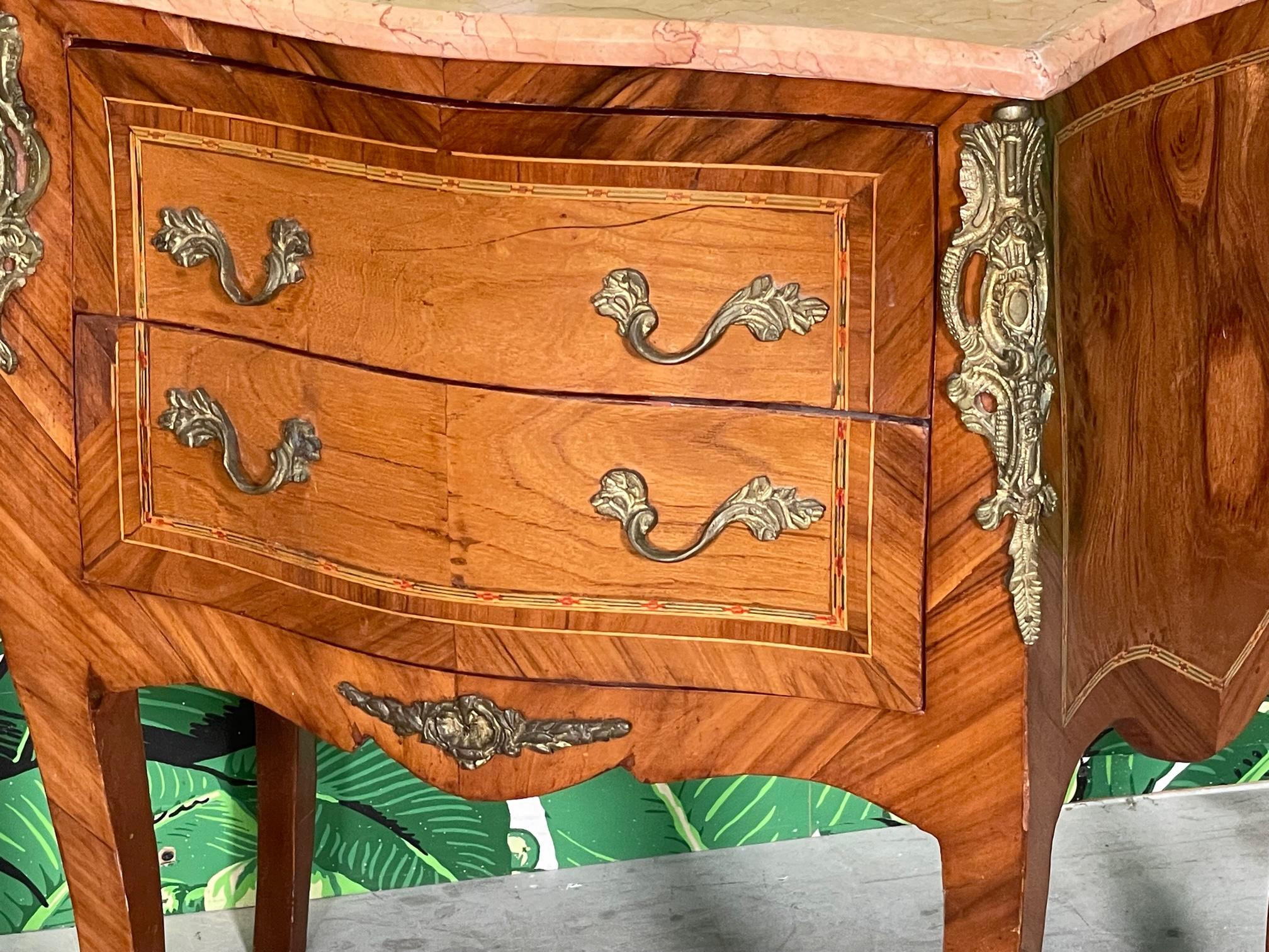 20th Century French Louis XV Marquetry Nightstands with Marble Tops, a Pair For Sale