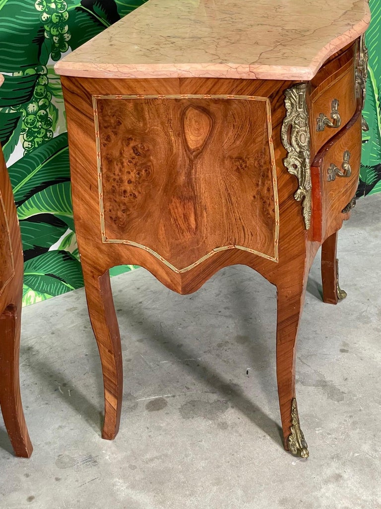 French Louis XV Marquetry Nightstands with Marble Tops, a Pair 1