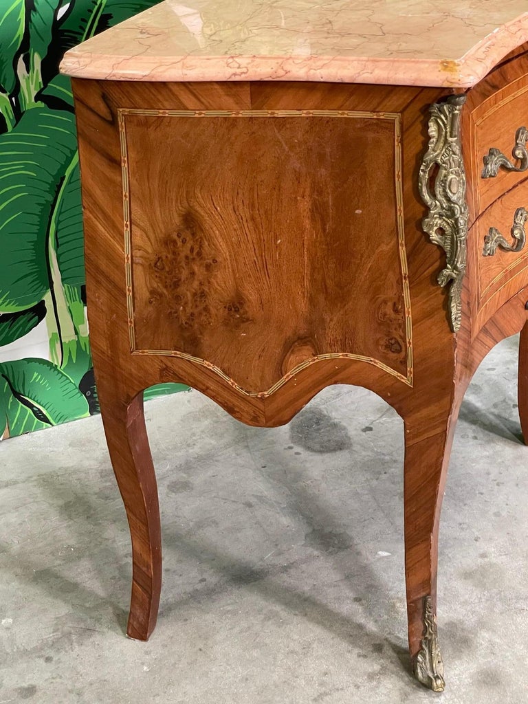 French Louis XV Marquetry Nightstands with Marble Tops, a Pair 2