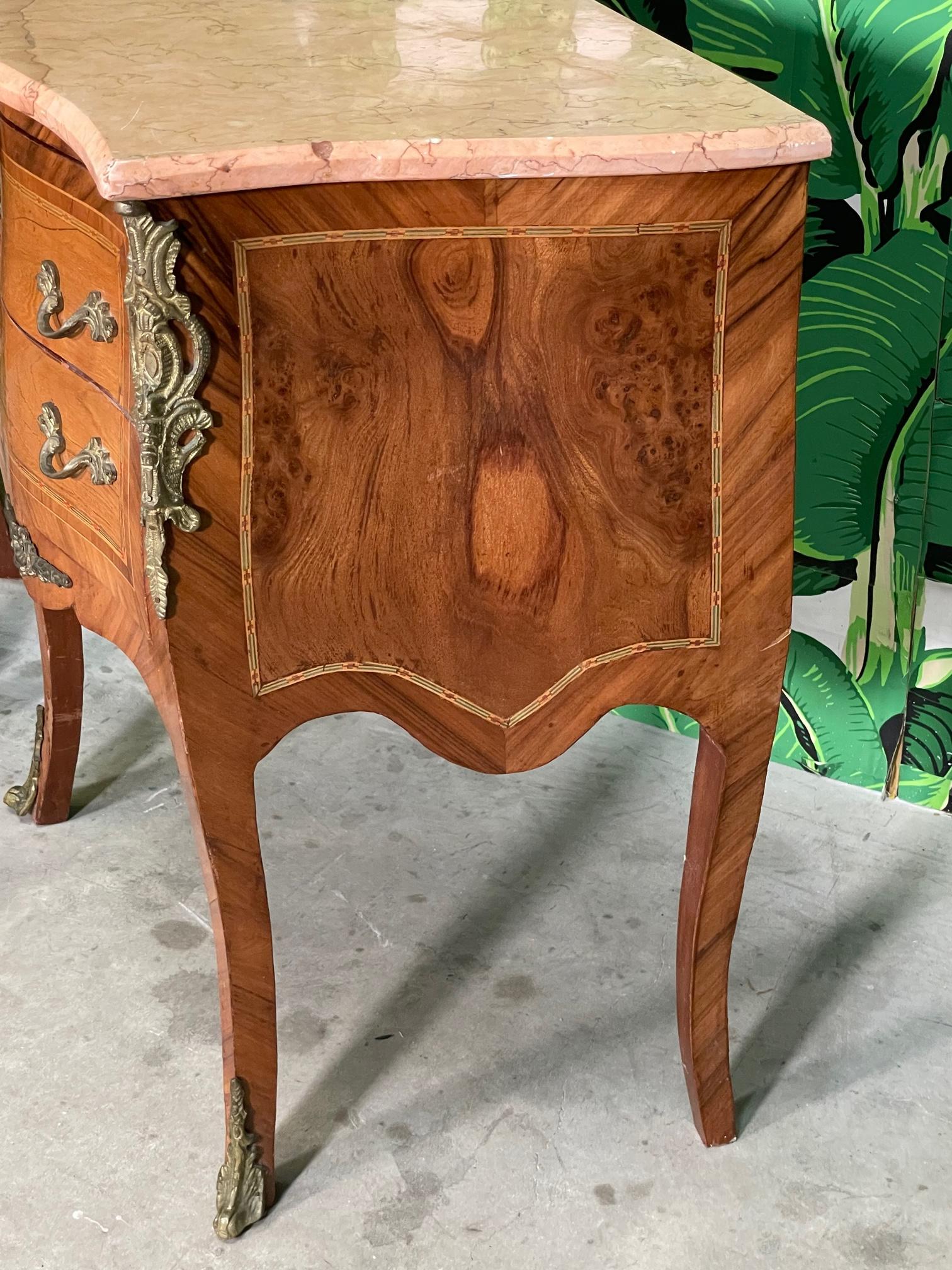 French Louis XV Marquetry Nightstands with Marble Tops In Good Condition In Jacksonville, FL