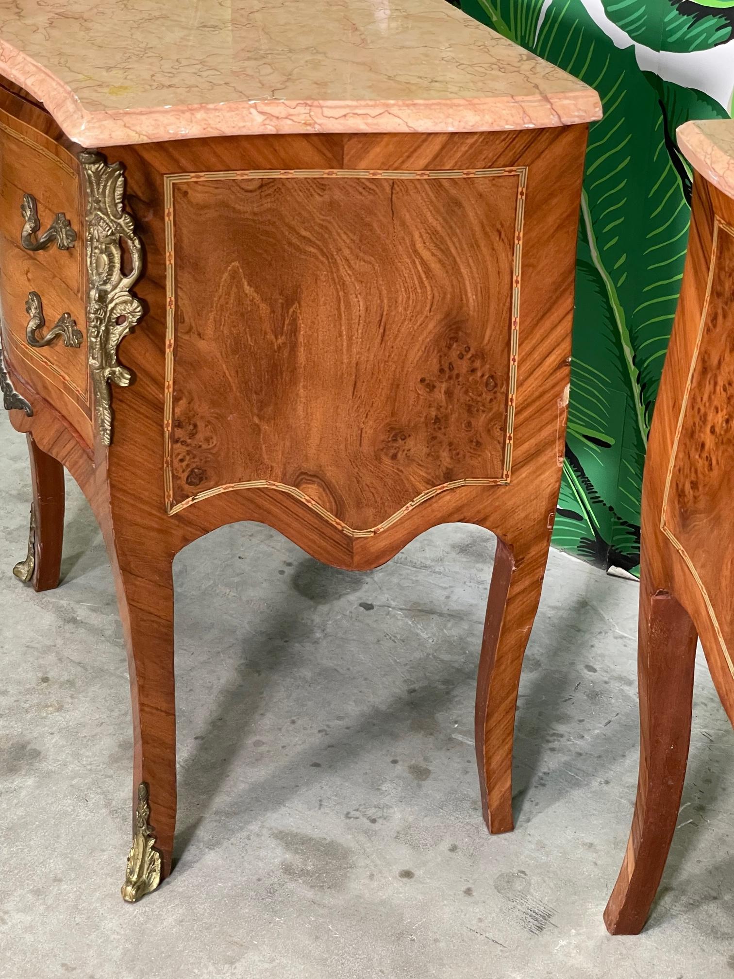 Wood French Louis XV Marquetry Nightstands with Marble Tops