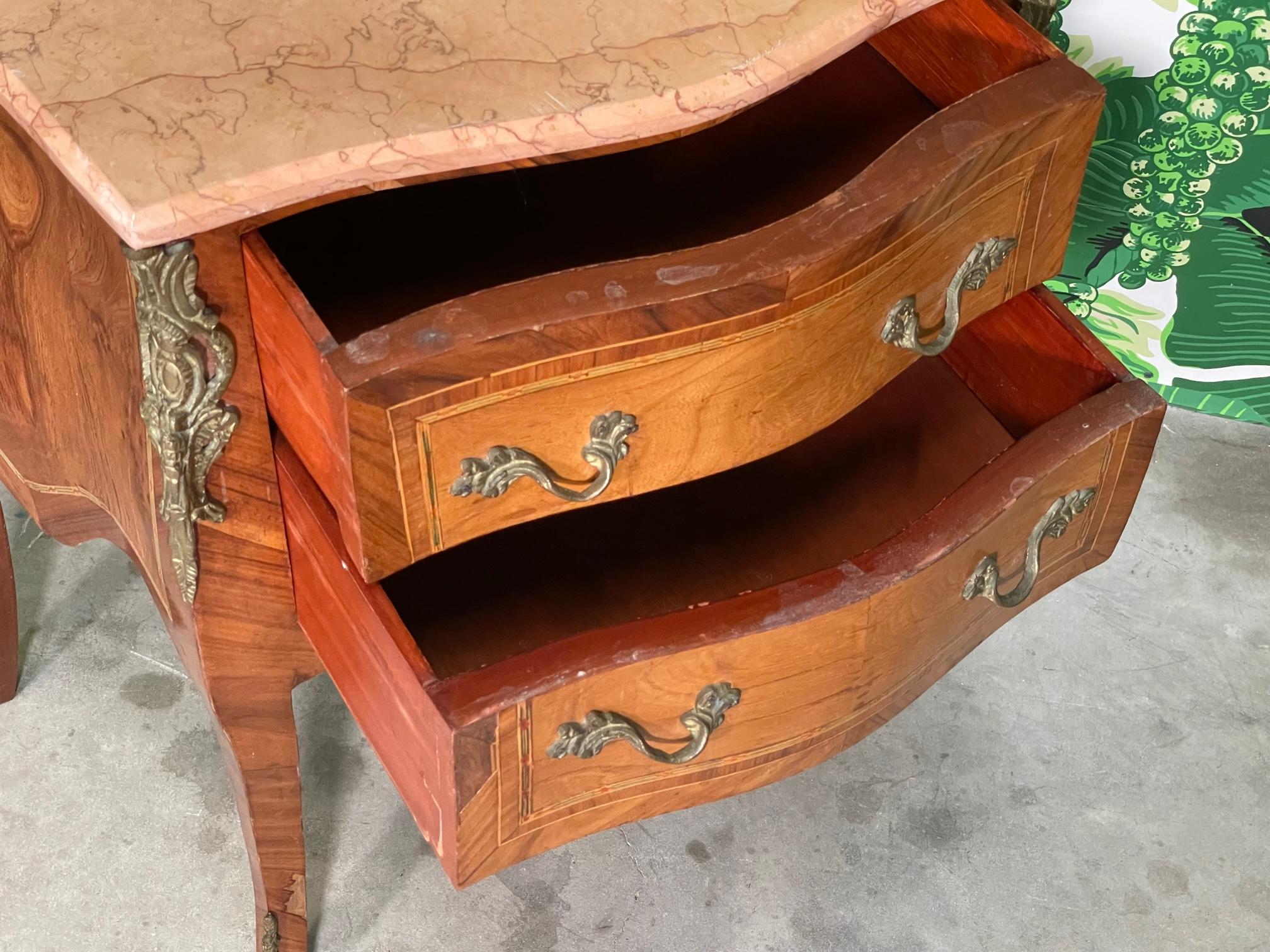 French Louis XV Marquetry Nightstands with Marble Tops 3