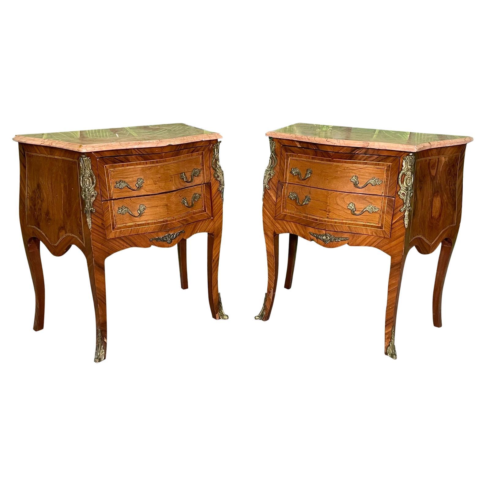 French Louis XV Marquetry Nightstands with Marble Tops