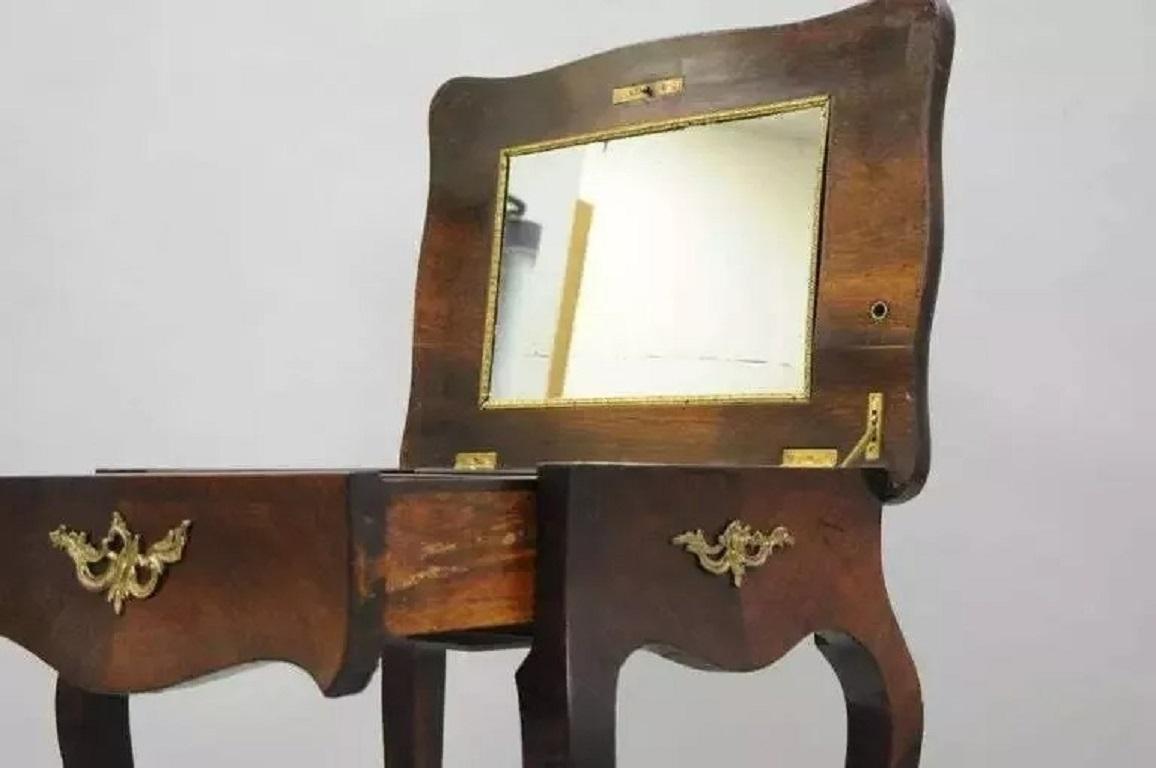19th Century French Louis XV Napoleon III Rosewood Brass Inlay Vanity Nightstand Sewing Table For Sale