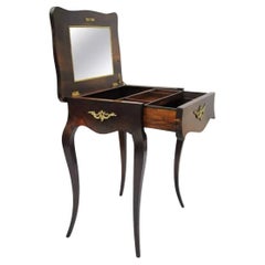 French Louis XV Napoleon III Rosewood Brass Inlay Vanity Nightstand Sewing Table