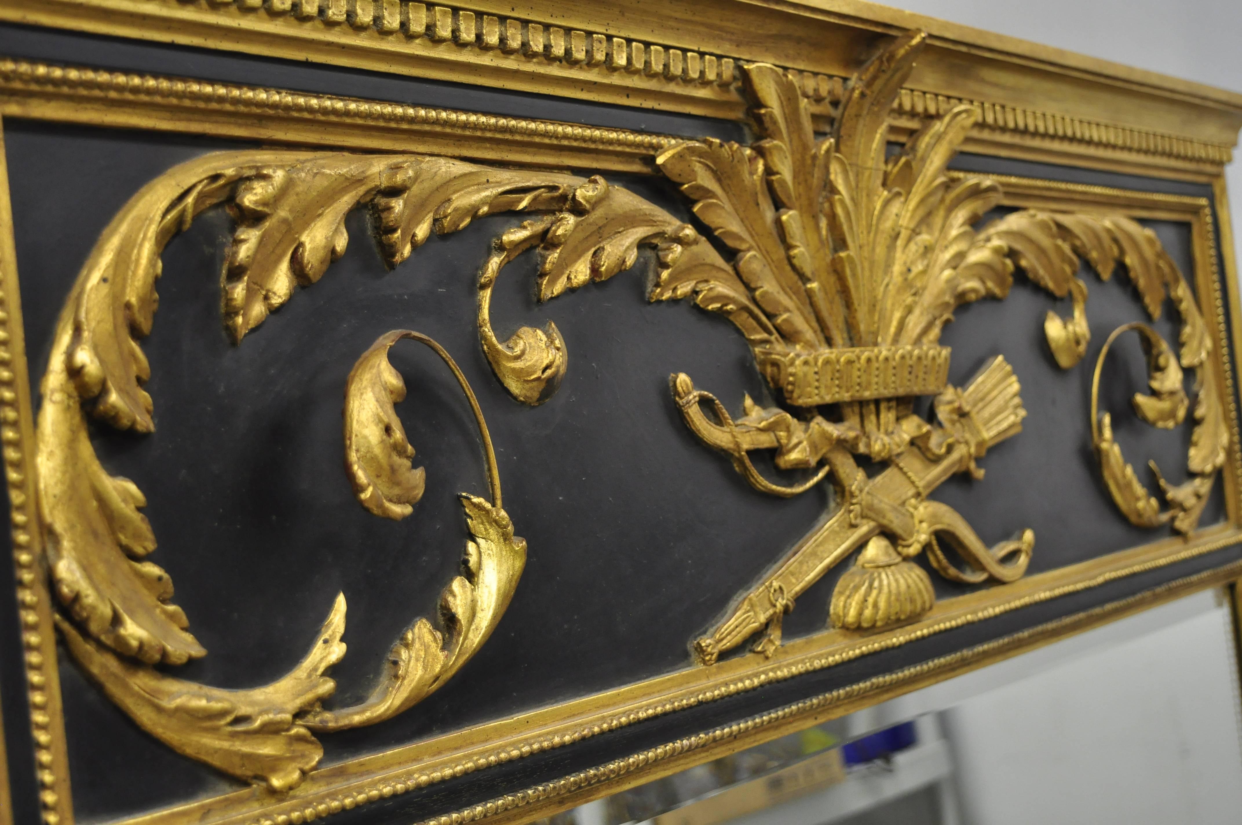 Italian French Louis XV Neoclassical Style Black Gold Giltwood Trumeau Wall Mirror
