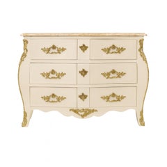 French Louis XV Off White Lacquer Marble-Top Bombe Commode Chest, 19th Century