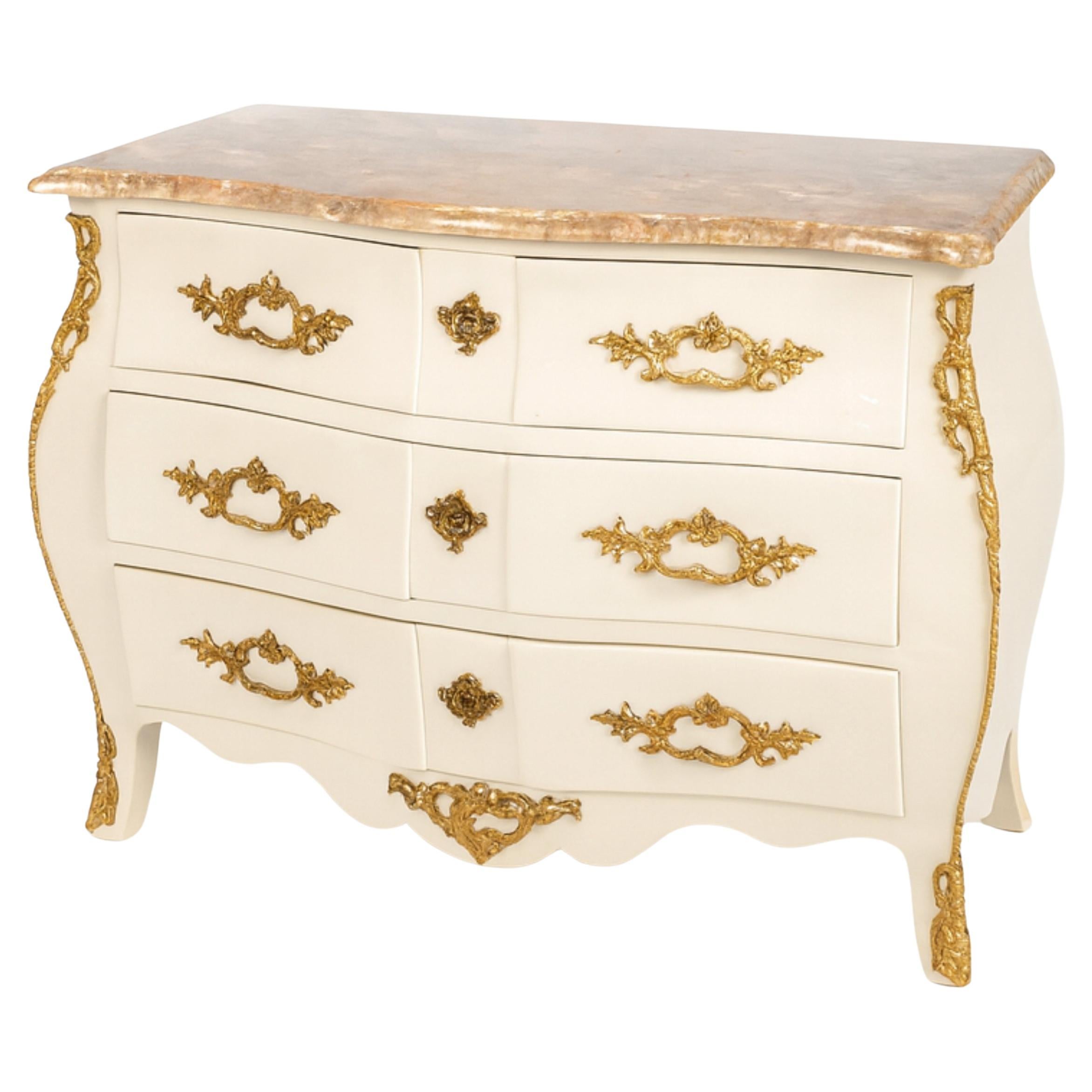 French Louis XV Off White Lacquer Marble-Top Bombe Commode Chest, 19th Century For Sale