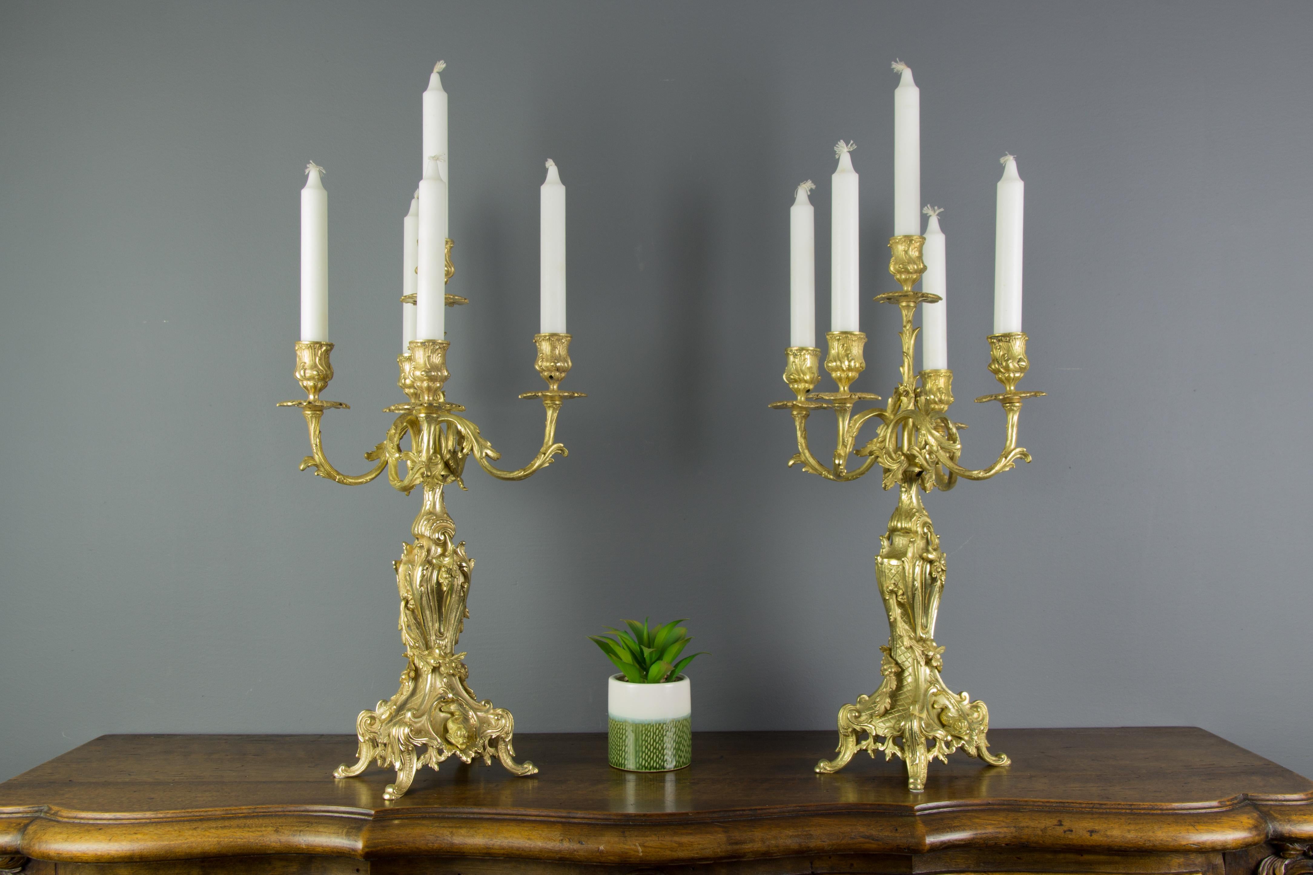 Ein entzückendes Paar Bronzeleuchter im Stil Louis XV oder Rokoko. Die Verzierung der Kandelaber ist sehr reichhaltig und charakteristisch für den Stil des Rokoko. Die geschwungenen Rokoko-Arme mit floralen Tropfschalen und blattförmigen