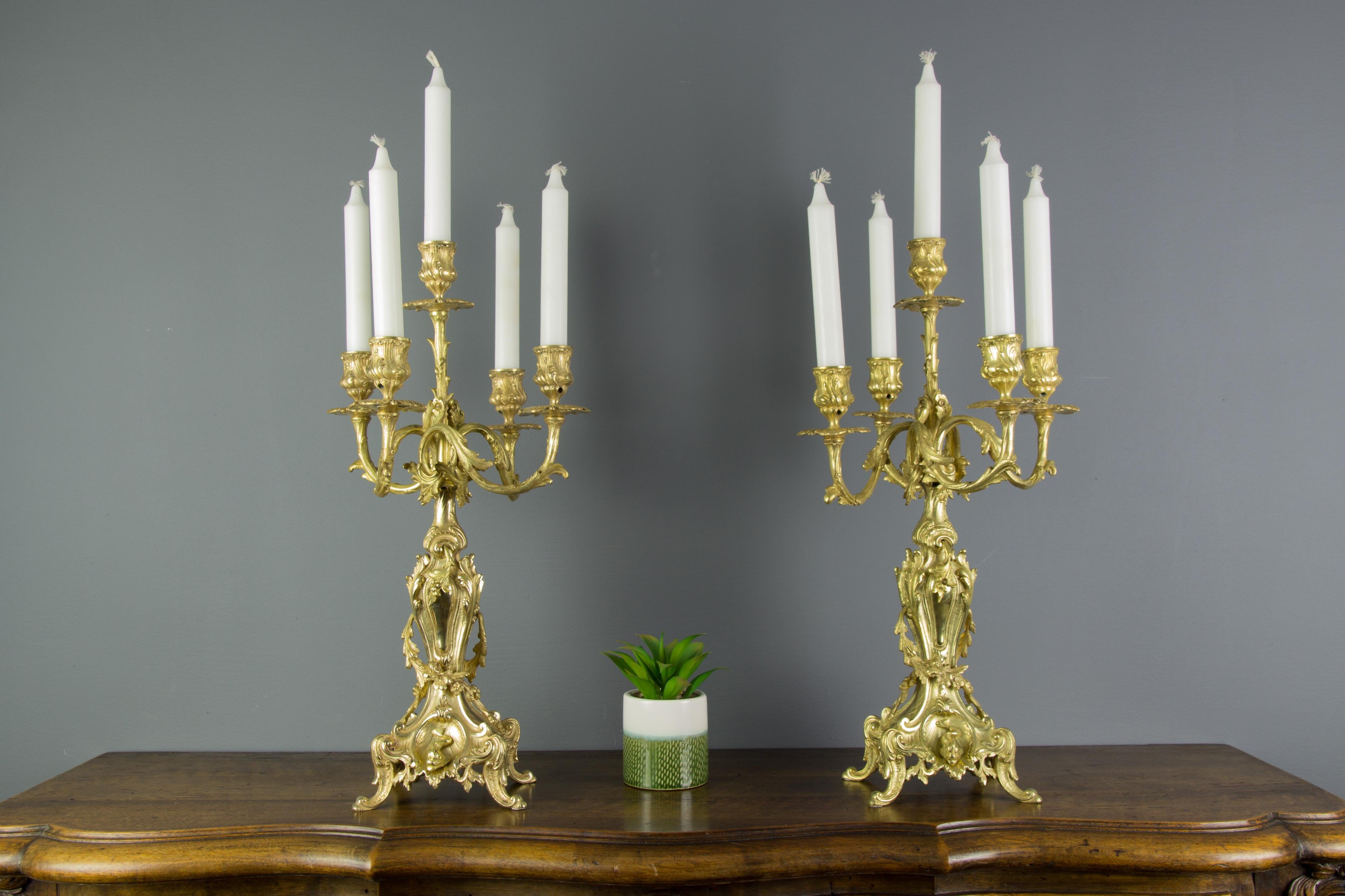 French Louis XV or Rococo Style French Bronze Candelabras with Dolphins, a Pair For Sale 1