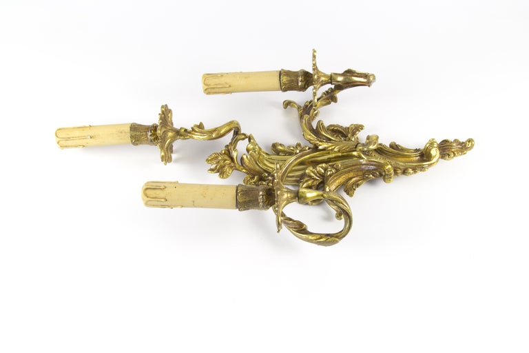 French Louis XV or Rococo Style Gilt Bronze Three-Light Sconce For Sale