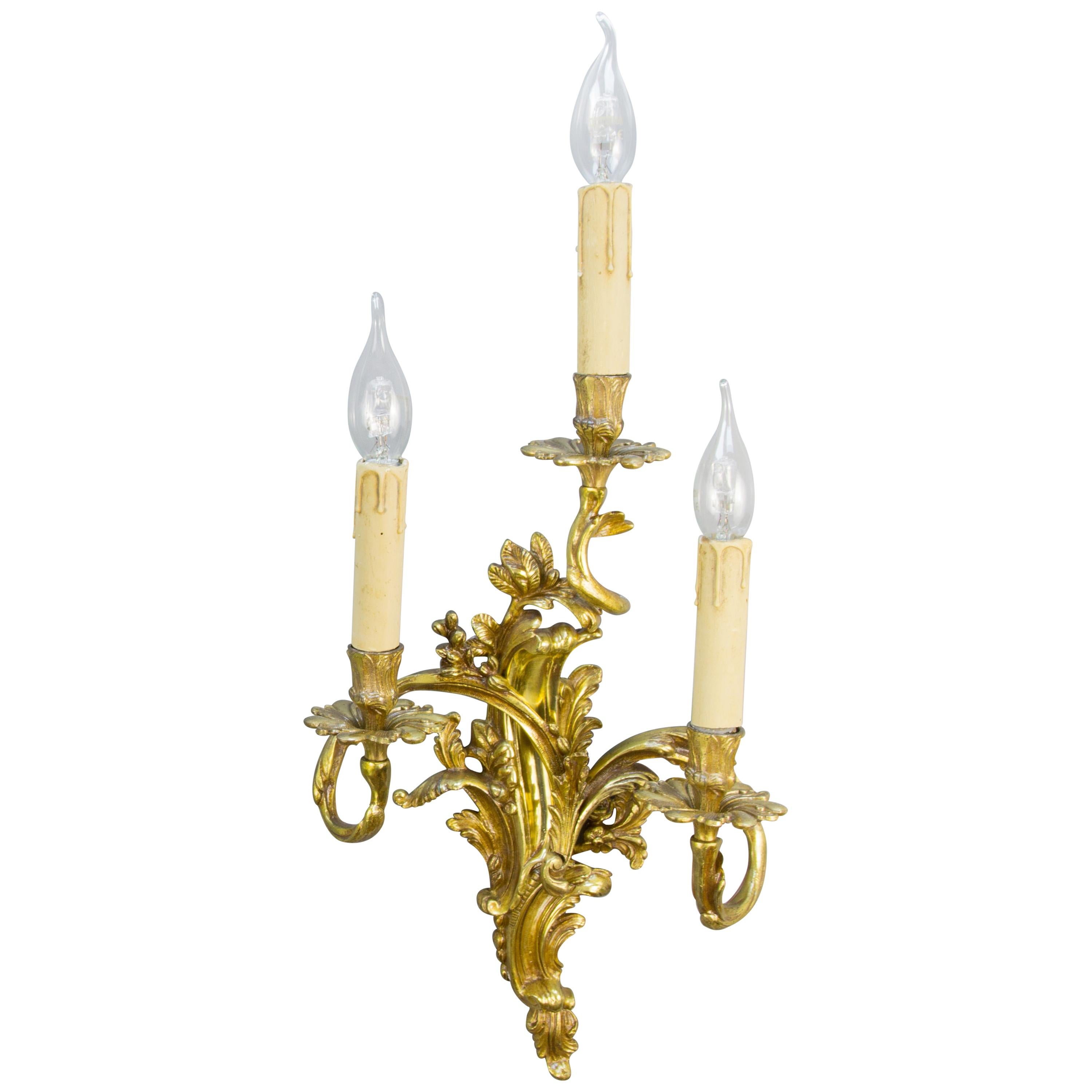 French Louis XV or Rococo Style Gilt Bronze Three-Light Sconce