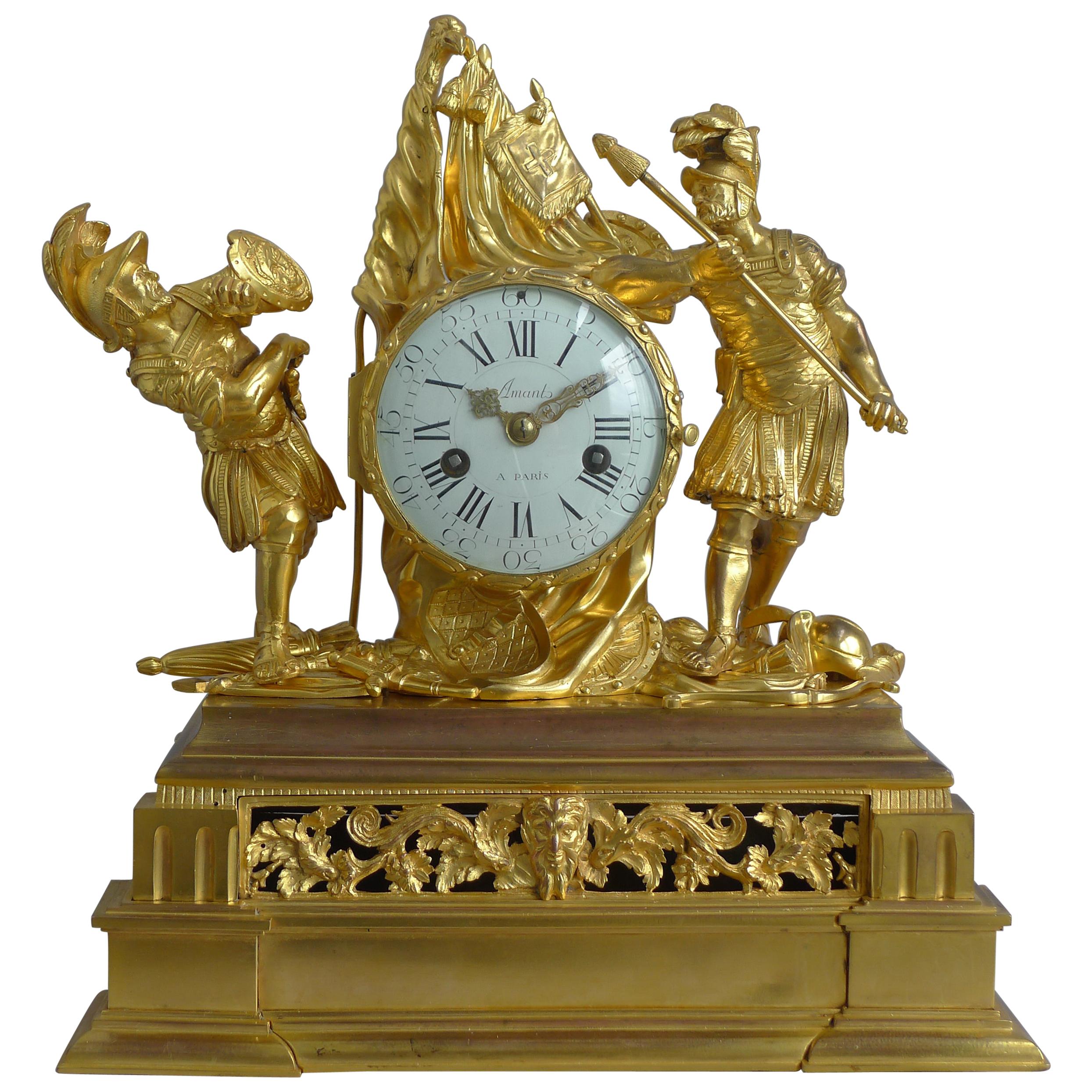 French Louis XV Ormolu Clock of Hannibal and Scipio Signed Amant For Sale