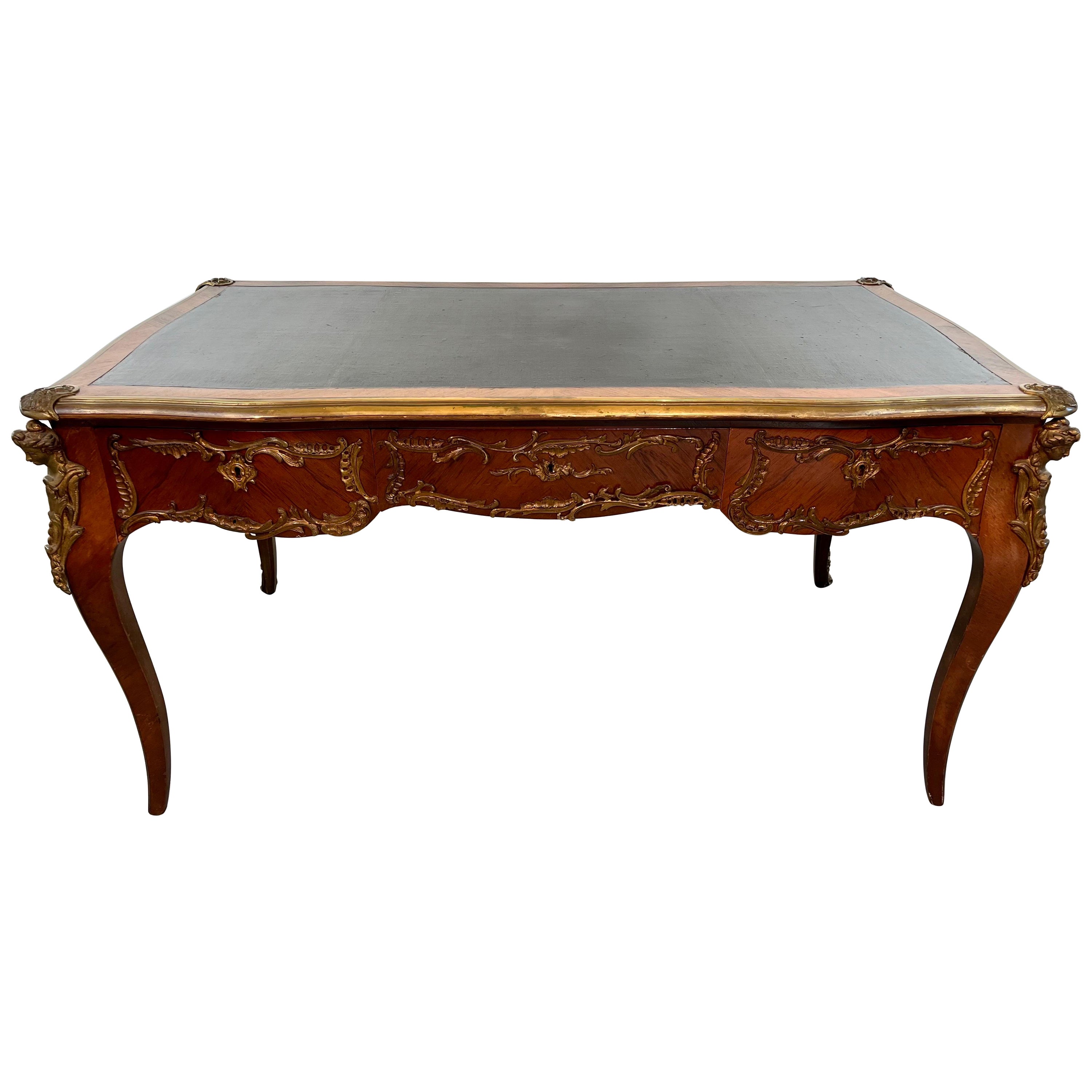 French Louis XV Ormolu Mounted Bureau Black Leather Top Executive Plat Desk