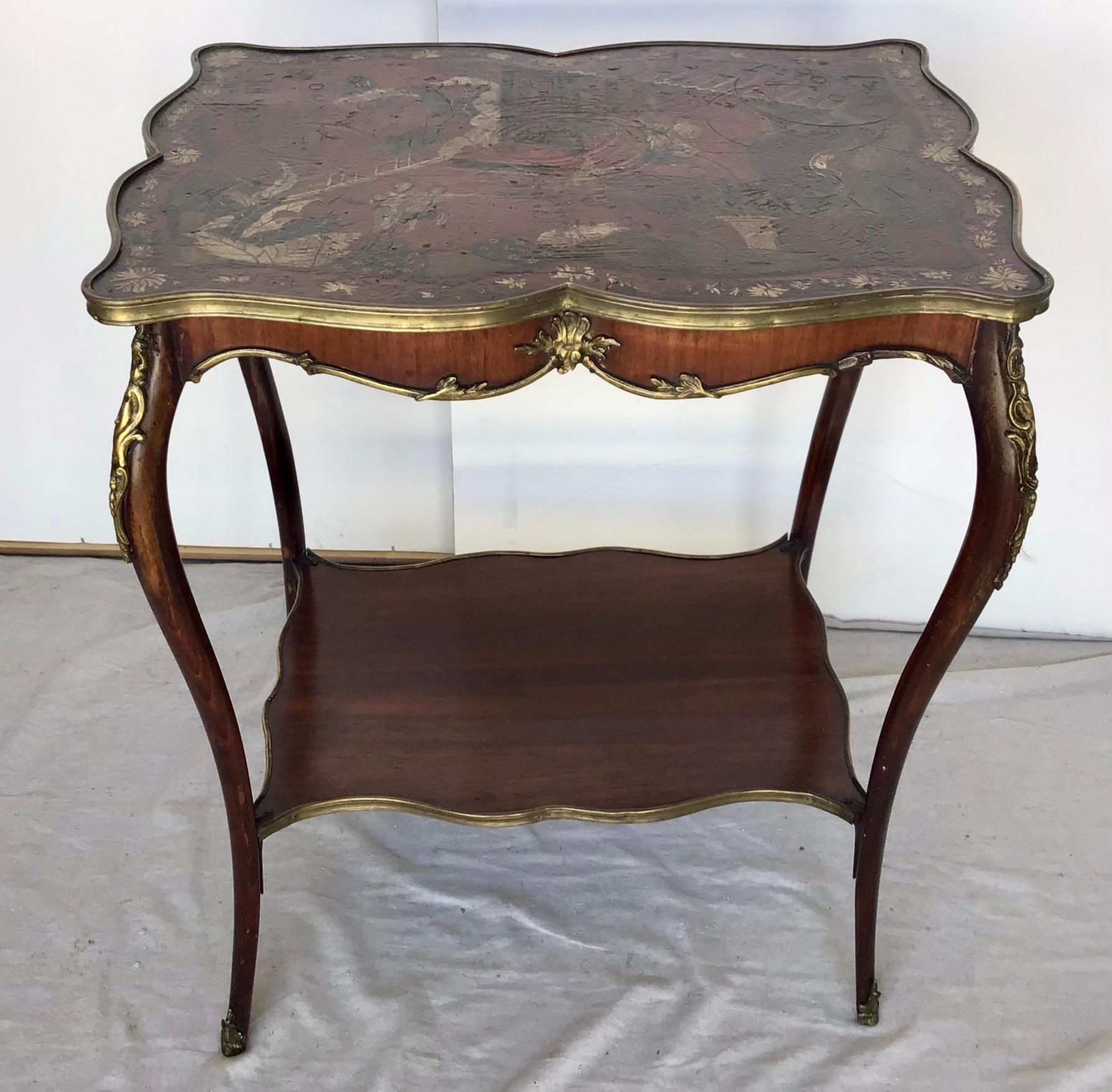 French Louis XV Ormolu Mounted Chinoiserie Leather Top Table For Sale 4