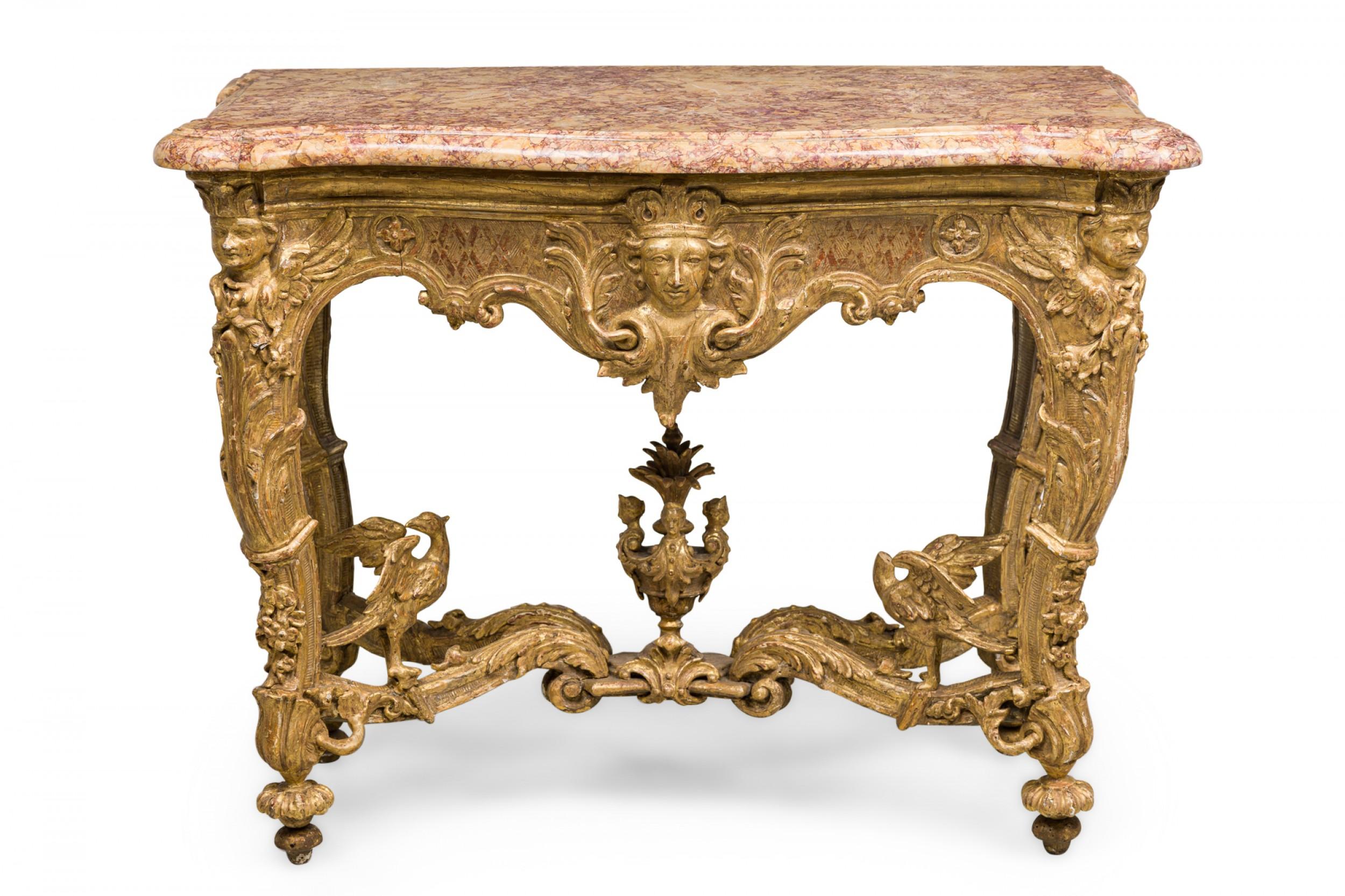 French Louis XV Ornately Carved Giltwood Console Table w/ Gold & Red Marble Top For Sale 7