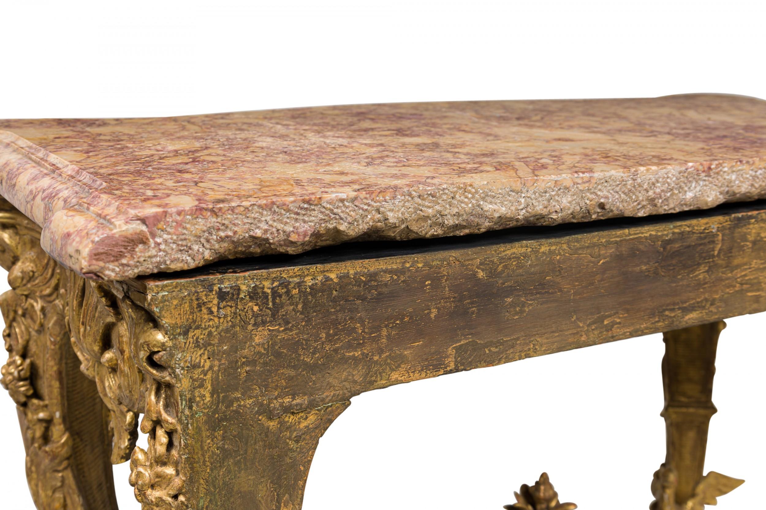 French Louis XV Ornately Carved Giltwood Console Table w/ Gold & Red Marble Top For Sale 9