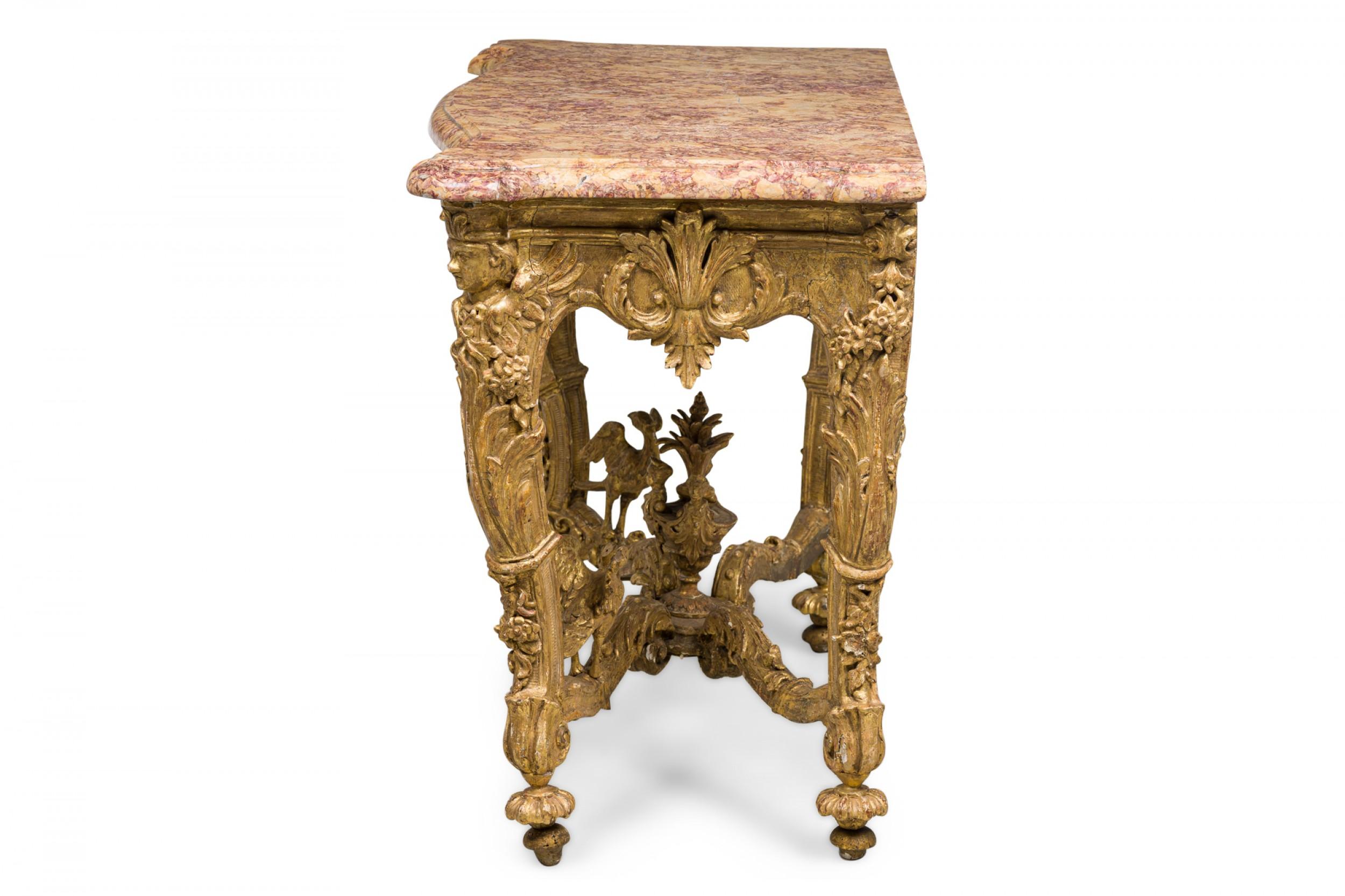 18th Century and Earlier French Louis XV Ornately Carved Giltwood Console Table w/ Gold & Red Marble Top For Sale