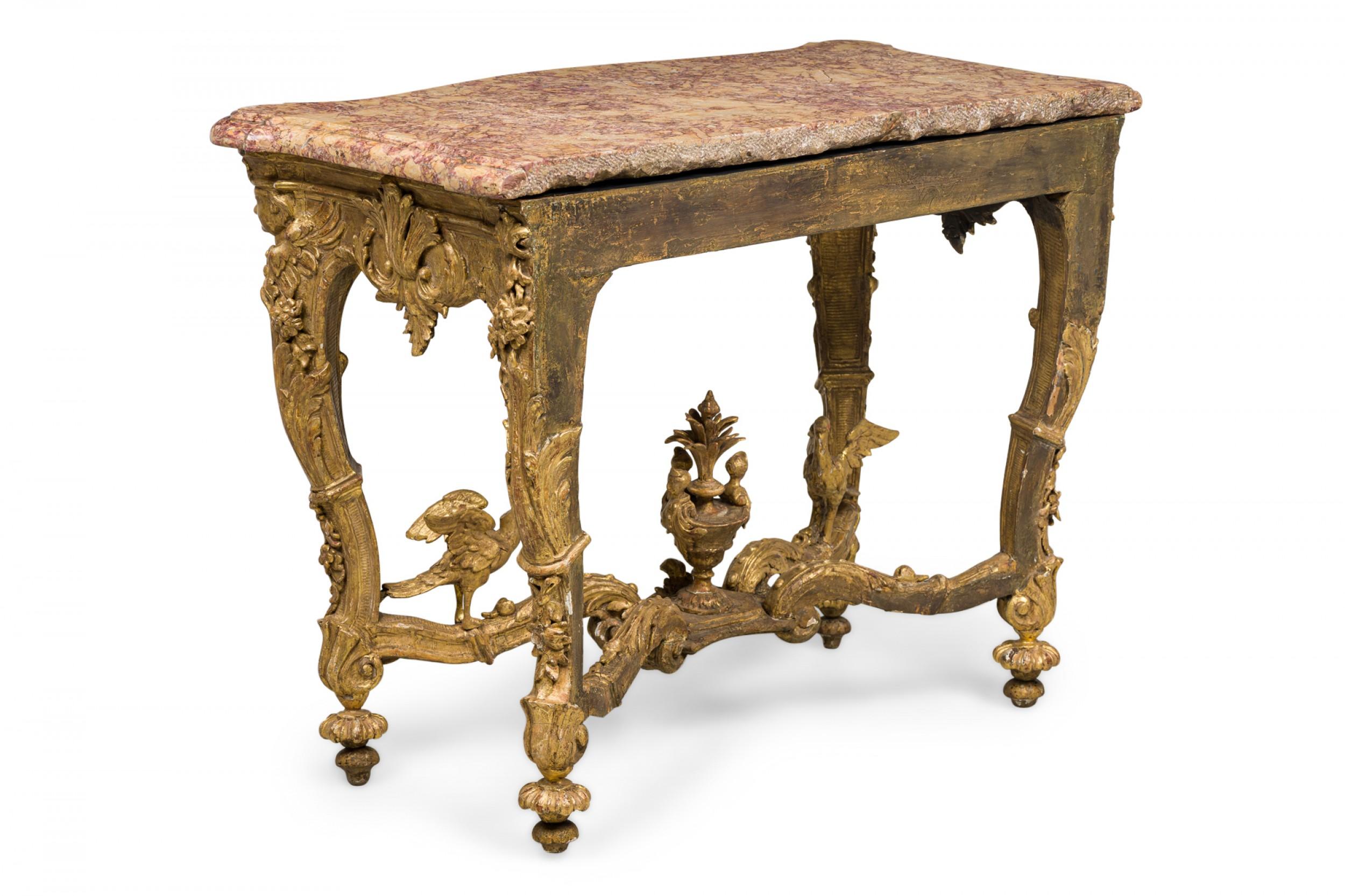 French Louis XV Ornately Carved Giltwood Console Table w/ Gold & Red Marble Top For Sale 2