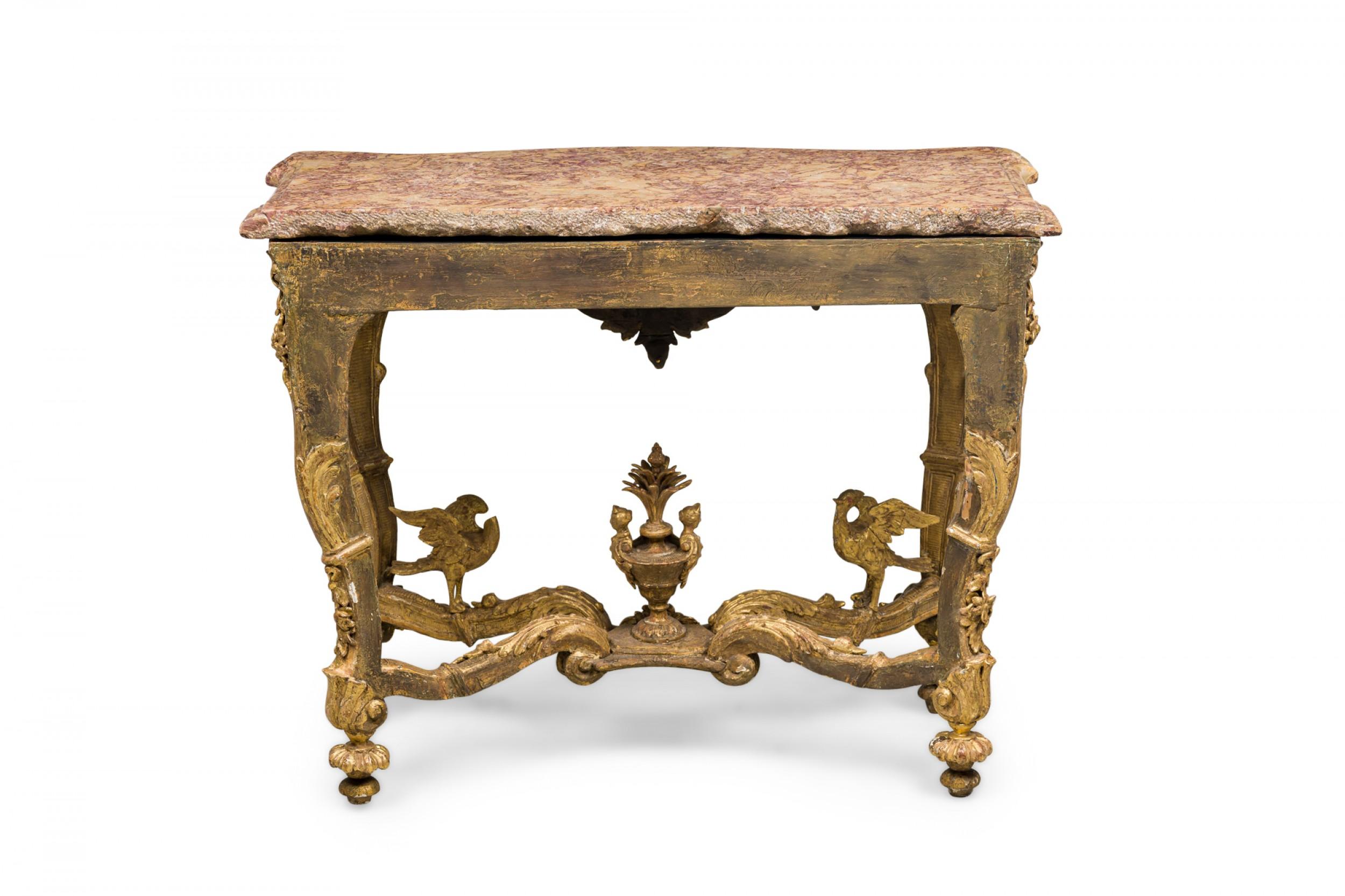 French Louis XV Ornately Carved Giltwood Console Table w/ Gold & Red Marble Top For Sale 4