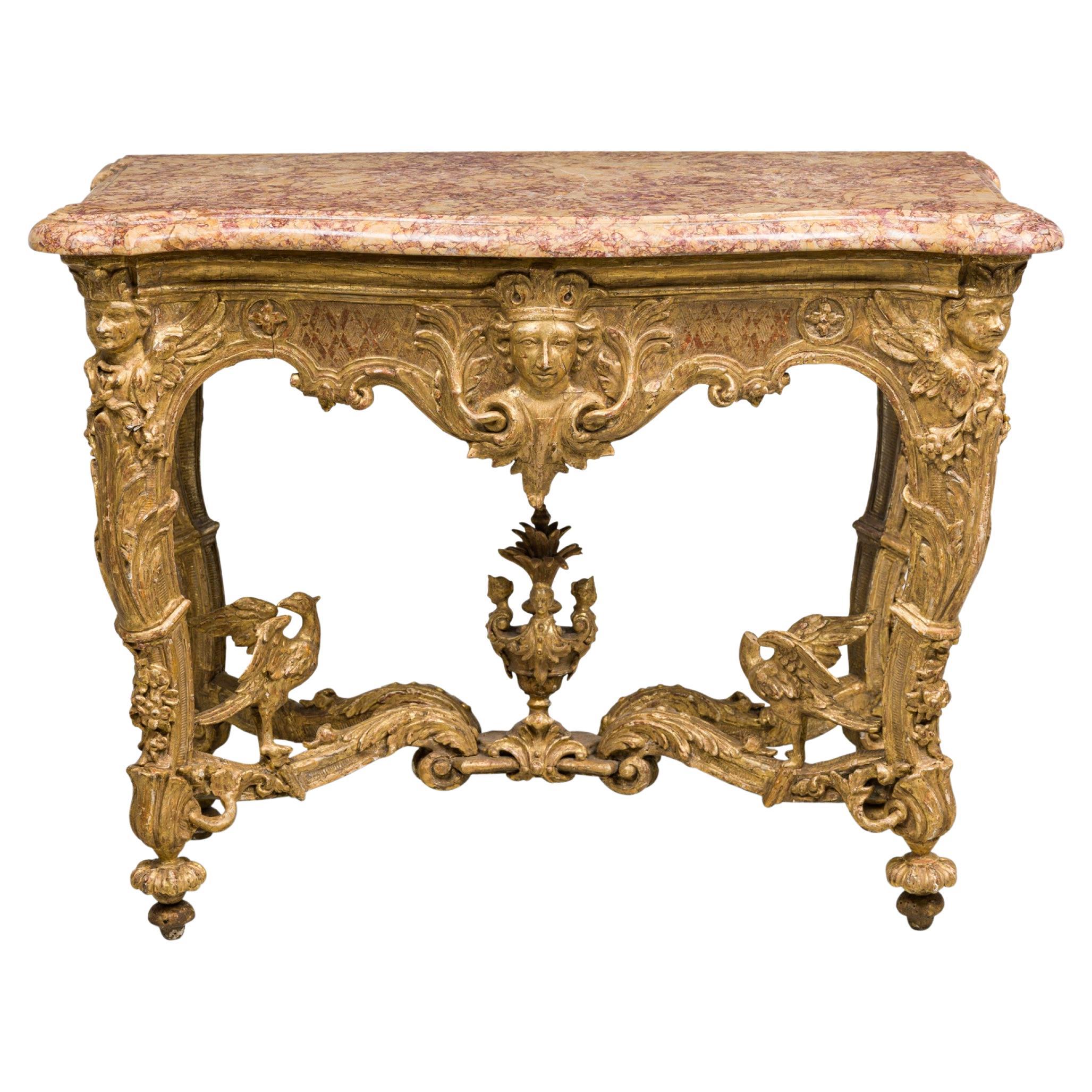 French Louis XV Ornately Carved Giltwood Console Table w/ Gold & Red Marble Top For Sale