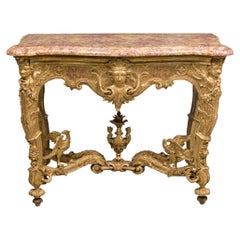 Table console française Louis XV en bois doré sculpté avec plateau en marbre rouge et or