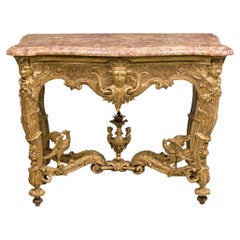 French Louis XV Ornately Carved Giltwood Console Table w/ Gold & Red Marble Top