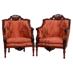 French Louis XV Oversized Carved Mahogany Upholstered Armchair Bergeres, 20th C