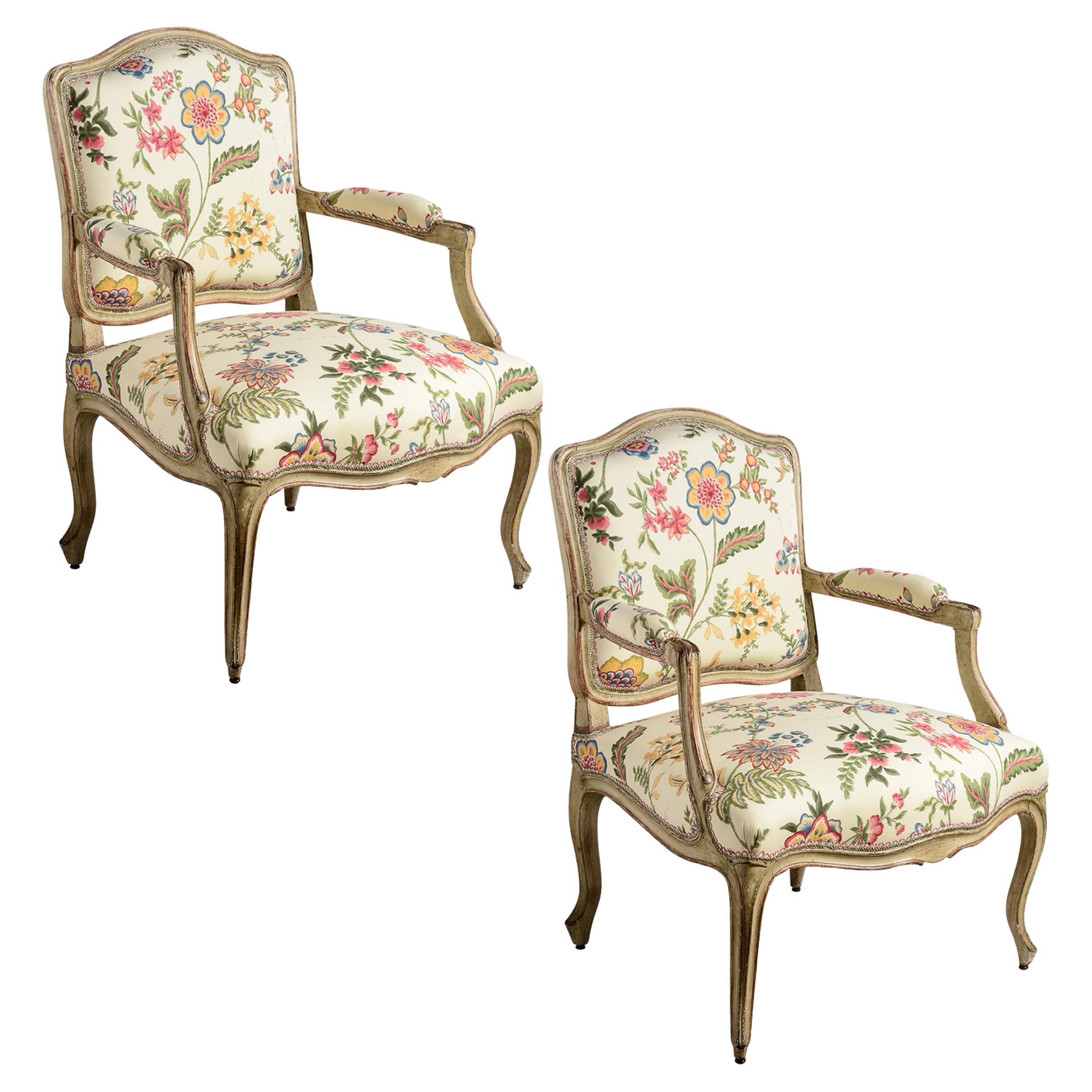 French Louis XV Painted Fauteuils, A-Pair, 18th C. For Sale