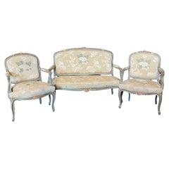 Conjunto de Sofá y Dos Fauteuils de Salón Franceses Pintados Luis XV
