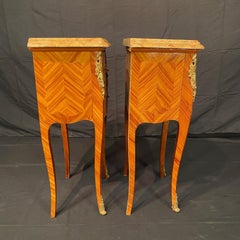 French Louis XV Pair Marble Top Marquetry Night Stands