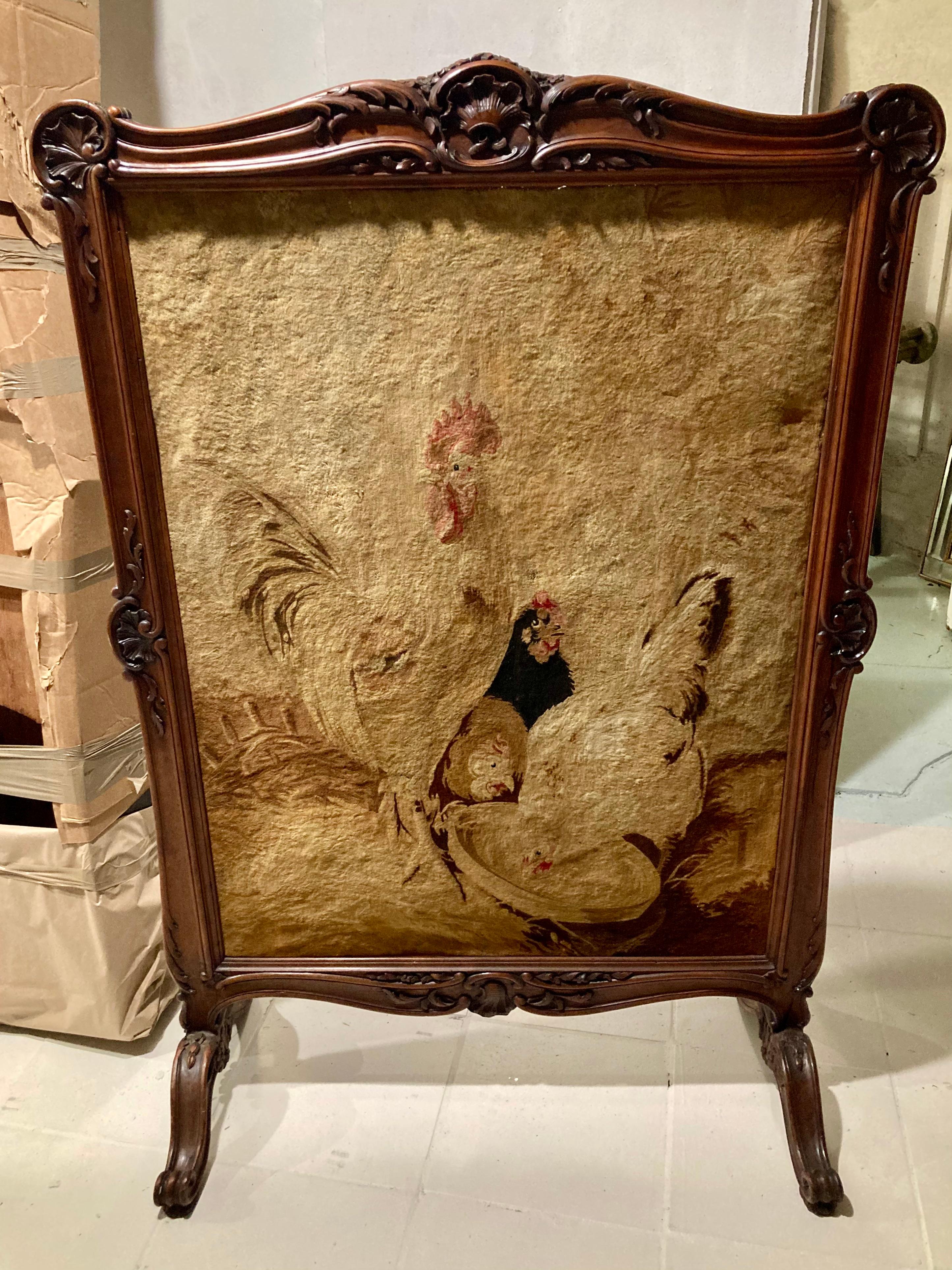 French Louis XV Palace Size Fire Screen With Embroidered Rooster and Hen Motif In Good Condition For Sale In Los Angeles, CA