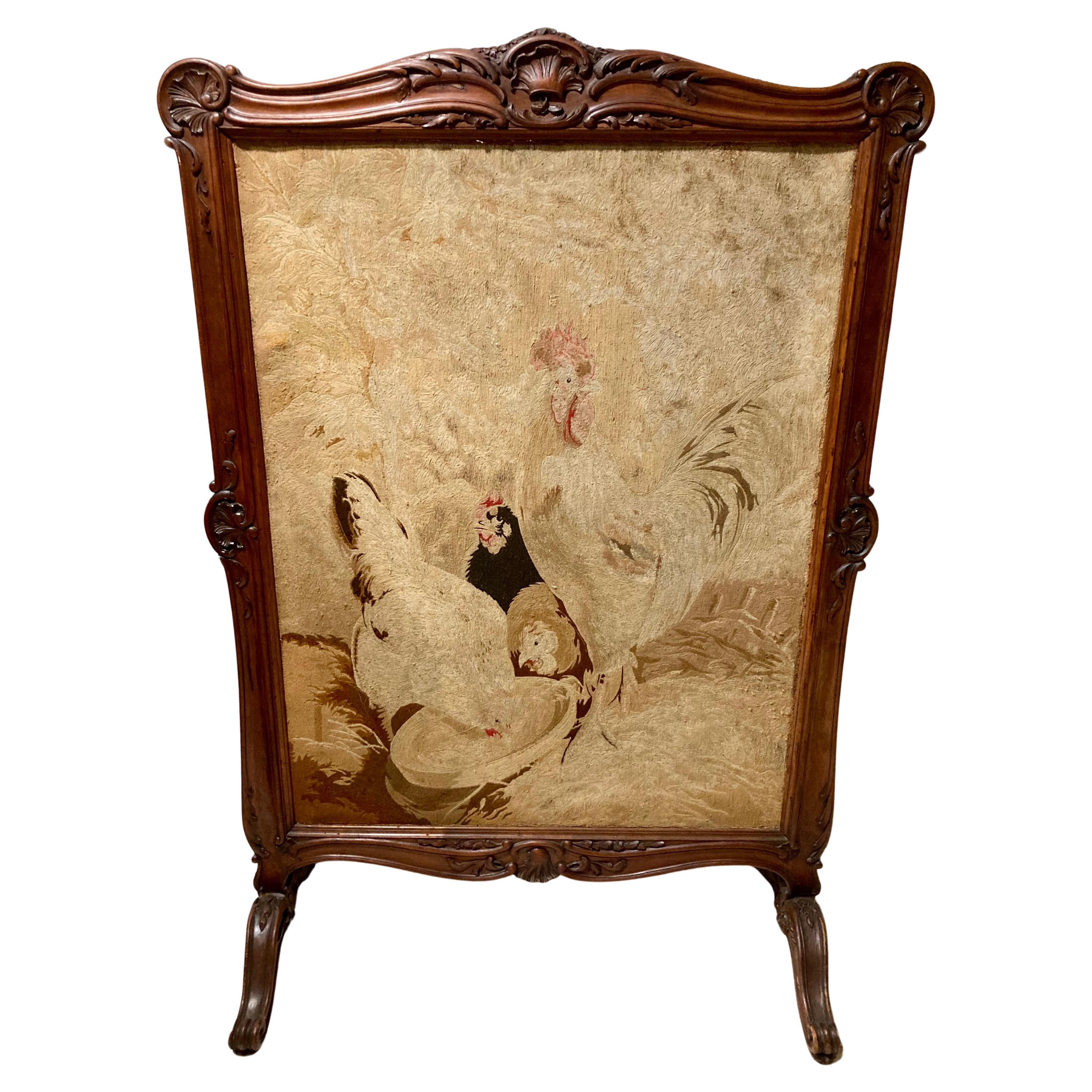 French Louis XV Palace Size Fire Screen With Embroidered Rooster and Hen Motif For Sale