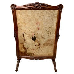 Antique French Louis XV Palace Size Fire Screen With Embroidered Rooster and Hen Motif