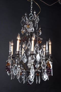 French Louis XV Patinated Bronze & Crystal Chandelier with Grape Motif